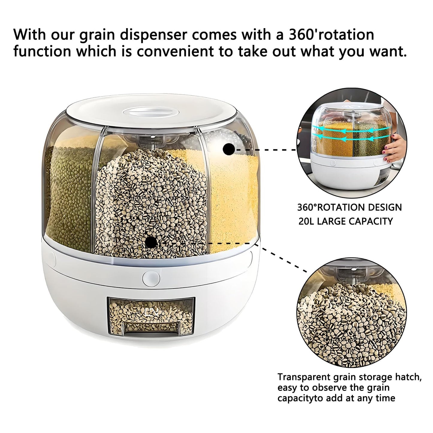 Wnnideo Rotating Grain Storage Bin 6 Grids Rice Container One-Click Output Large Capacity Food Dispenser For Rice Grains Sealed Moisture Proof Organizer (Large)