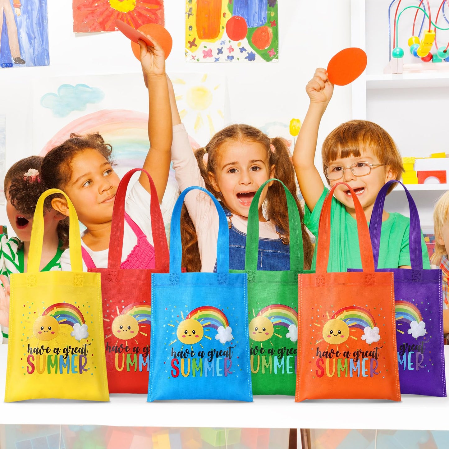 Dansydaisy 24 Pcs End of the Year Gift Bags for Students Bulk Rainbow Non Woven Tote Bags Party Favor Bag with Handles for Sunday School Gift Teacher Appreciation Graduation Party Supplies (Summer)
