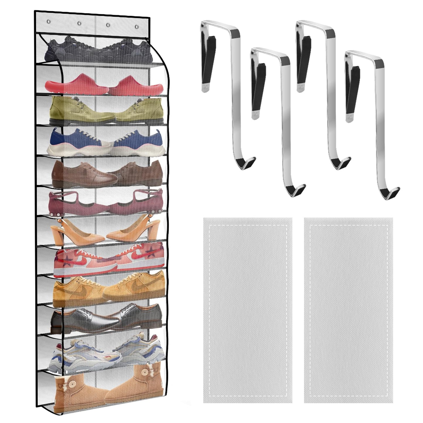 PAULONE 12 Pocket Over the Door Shoe Organizer,Reusable Breathable Large Mesh Bag Men's & Women's Sneaker Organizer,Shoe Organizer for Kids,Hanging Shoe Storage Hanging Bag (White)