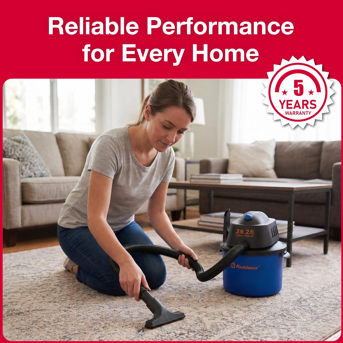 Koblenz Wet Dry Vacuum Cleaner, 2 Gallon 2.0 PHP, 60 CFM, 10 ft Reach, Twist-N-Lock Hose, Small Shop Vac, Portable Shop Vac for Home Car Garage Workshop, Accessories Included, Blue/Black, WD-2L