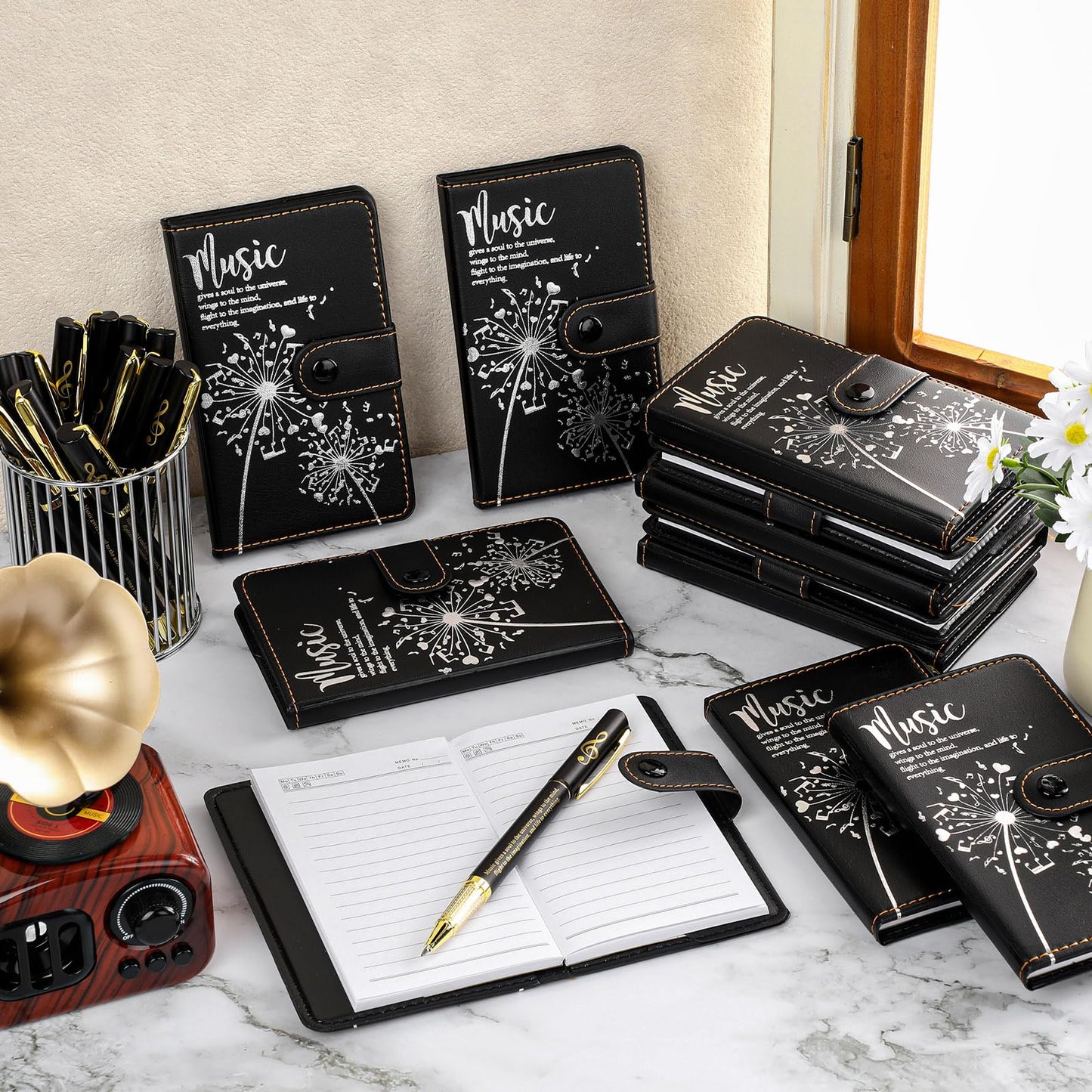 Gueevin 15 Sets Music Graduation Gifts for Students Choir Members Inspirational Music Themed Leather Notebook with Piano Ballpoint Pen Graduation Gift for Teen Student Musician Teacher(Black)