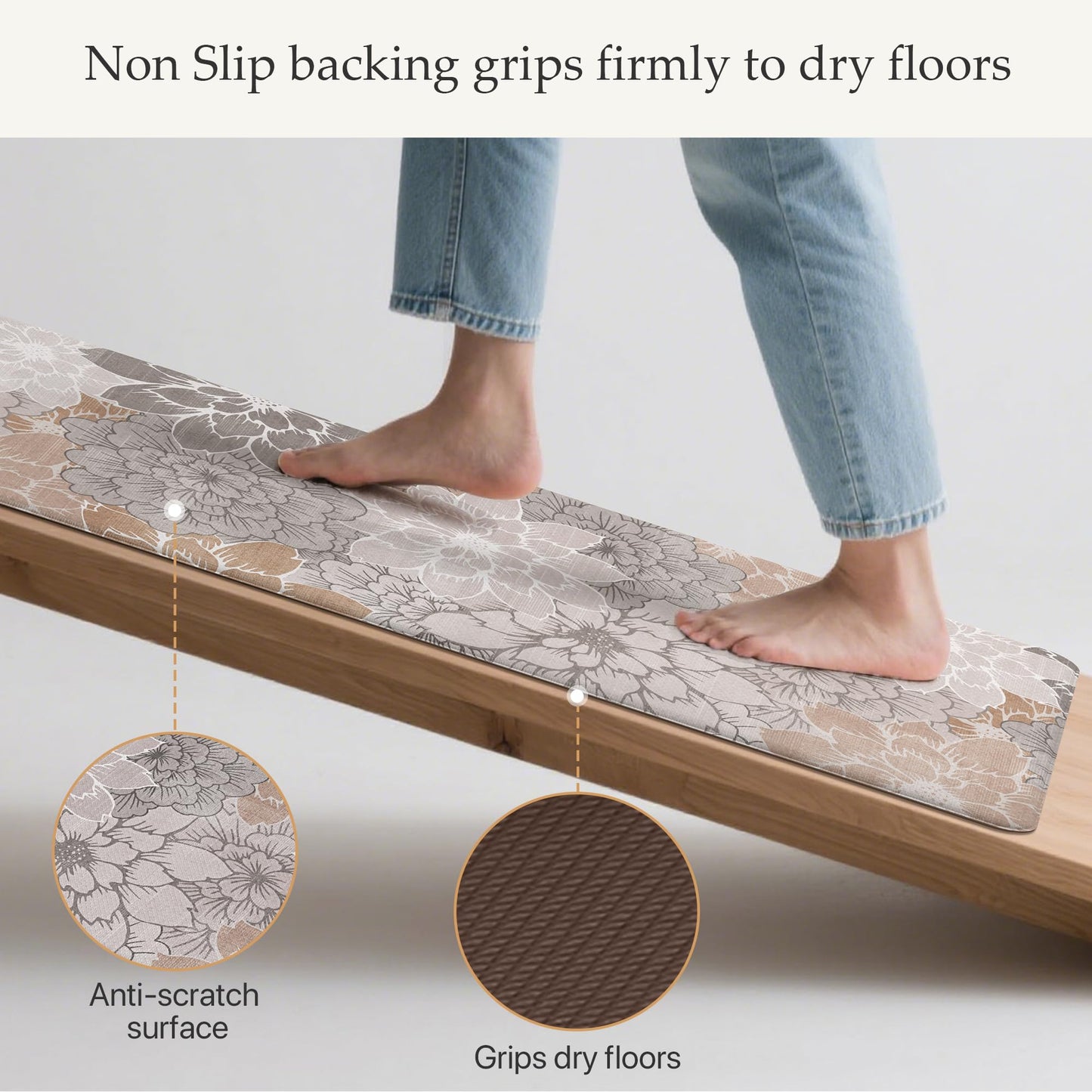 GENIMO Kitchen Mats for Floor, Kitchen Rugs Non Slip Washable Sets of 2, Waterproof Cushioned Anti Fatigue Mat, Floral Runner Rug for Laundry, Sink, Office, Home, 17.3"x47"+17.3"x30", Taupe Grey