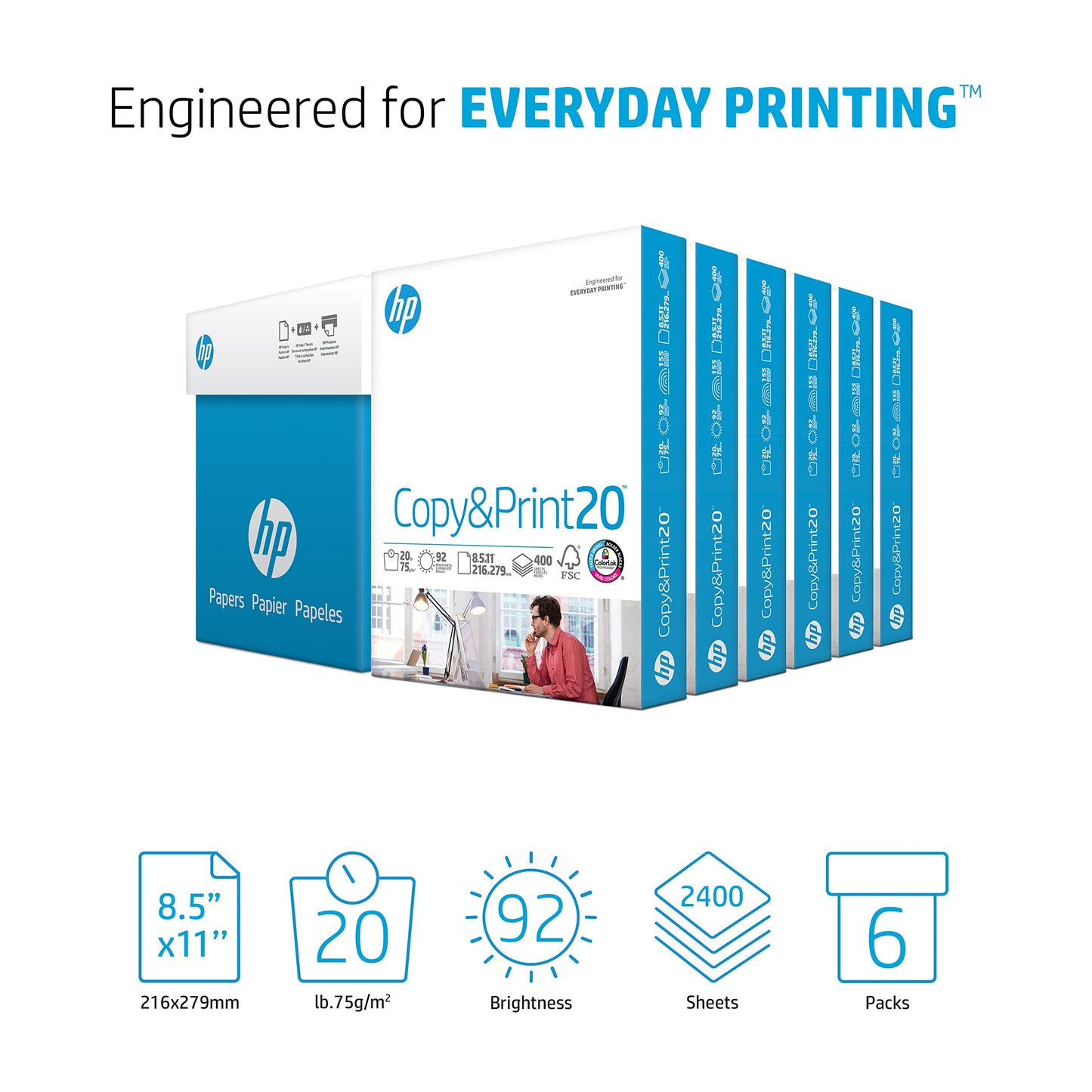 HP Printer Papers | 8.5 x 11 Paper | Copy &Print 20 lb| 6 Pack Case - 2,400 Sheets | 92 Bright | FSC Certified | 200010C