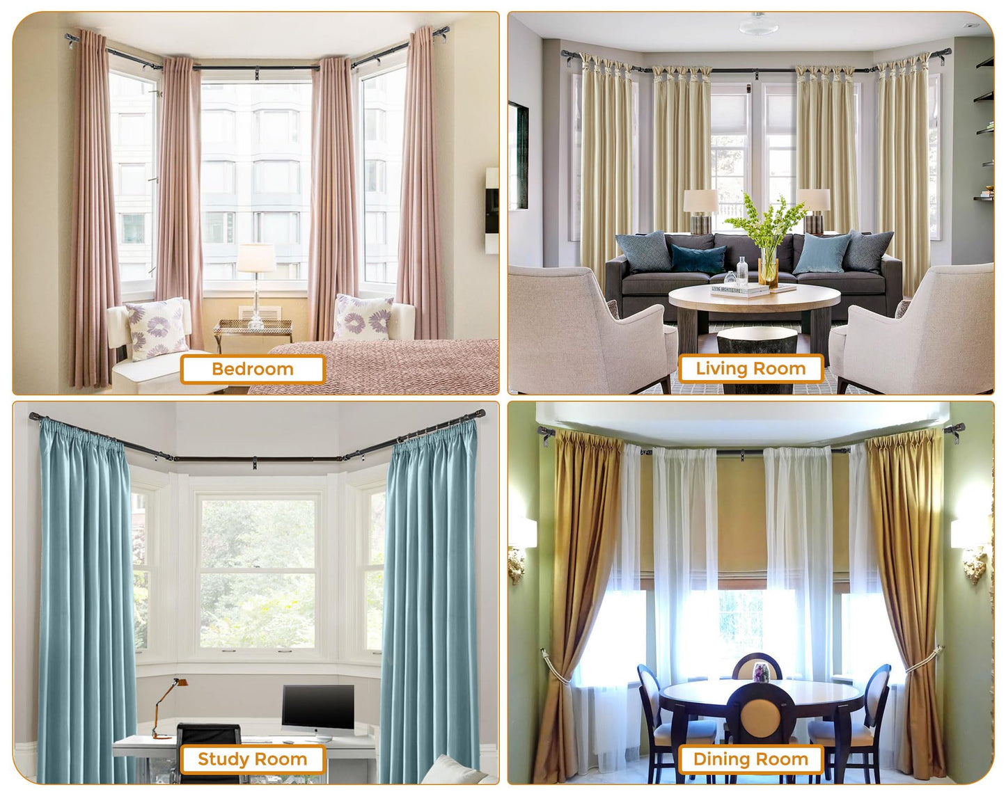 Black Bay Window Curtain Rod, HOTOZON 1 Inch Curtain Rods for Bay Windows 36-72 Inch(Center Rod), 20-36 Inch Side Rods for Windows, Heavy Duty Decorative Drapery Rod with End Cap Finials
