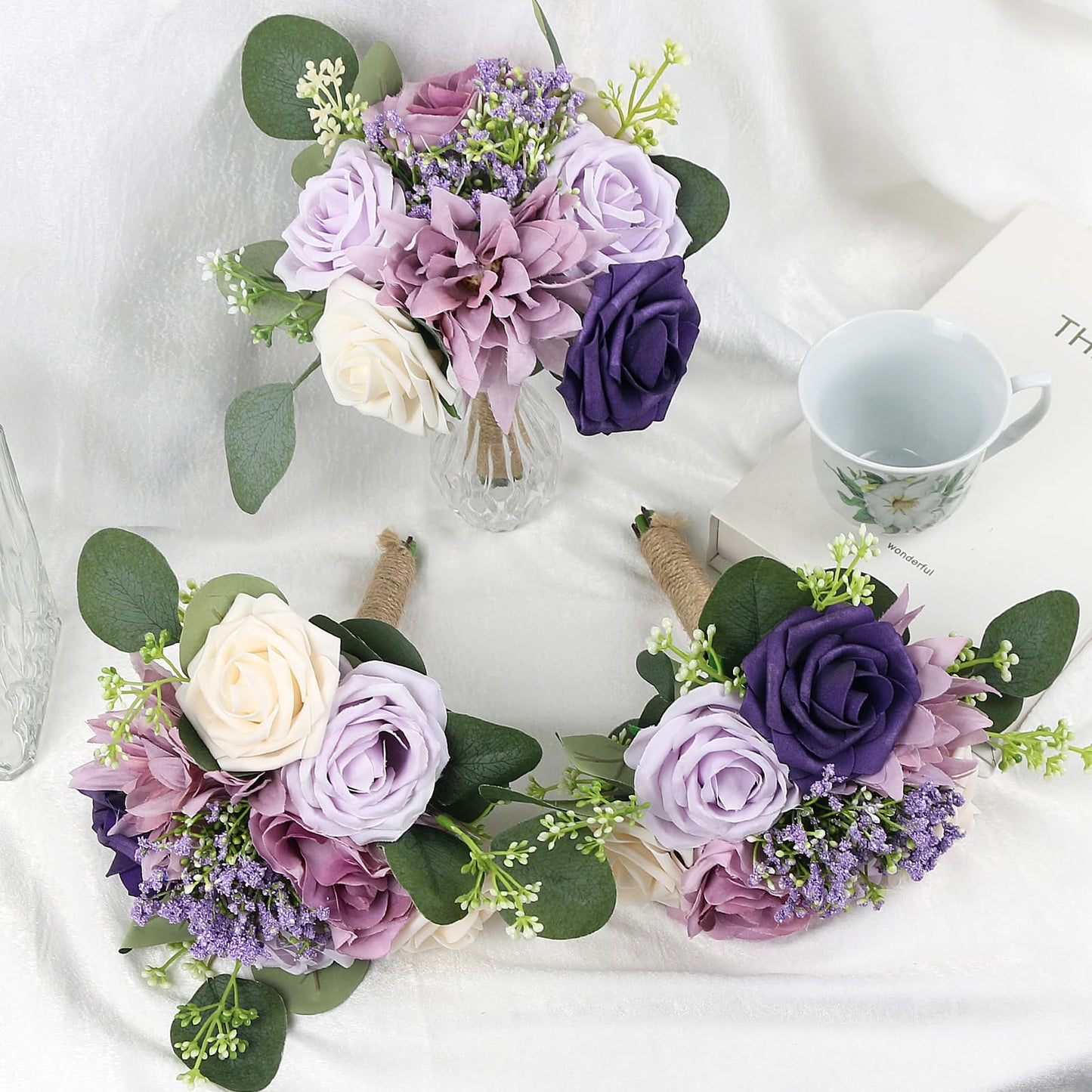 Artificial Bridesmaid Bouquets 6 Pcs - 7 Inch Pre-made Bridesmaids Bouquet Small Silk Rose Handmade for Wedding Holding Flowers, Bridal Shower Wedding Centerpieces Ceremony and Anniversary- Lilac