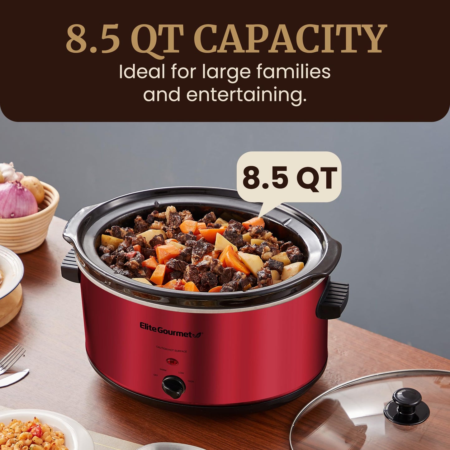 Elite Gourmet MST-900RXT Electric Ceramic XL Jumbo Slow Cooker, Adjustable Temp, Entrees, Sauces, Stews & Dips, Dishwasher Safe Glass Lid & Crock, 8.5Qt, Metallic Red