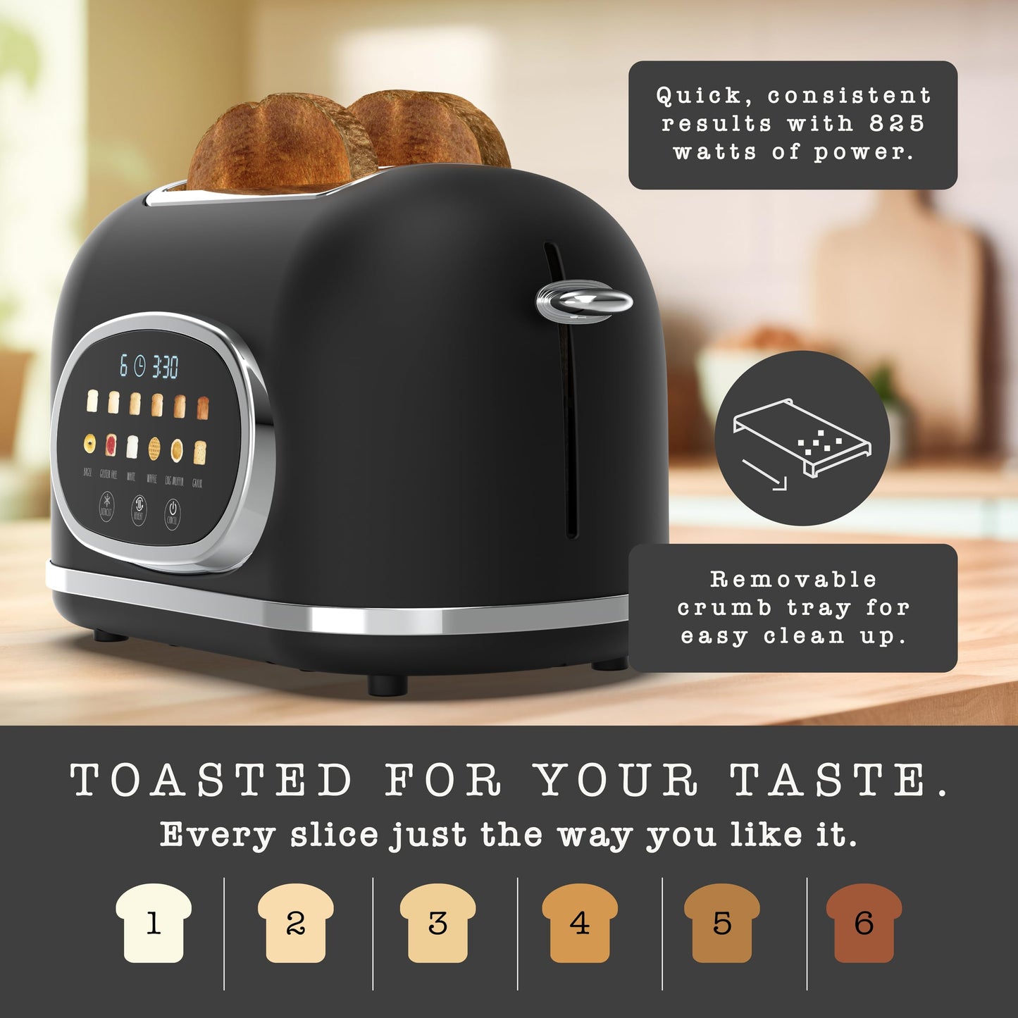 Rae Dunn Retro Digital Electric Toaster, 2 Slice Stainless Steel Toaster With Touchscreen, Countdown Timer, 6 Shade Settings, Wide Slots, High Lift Lever, Bagel, Defrost & Reheat, Digital Black