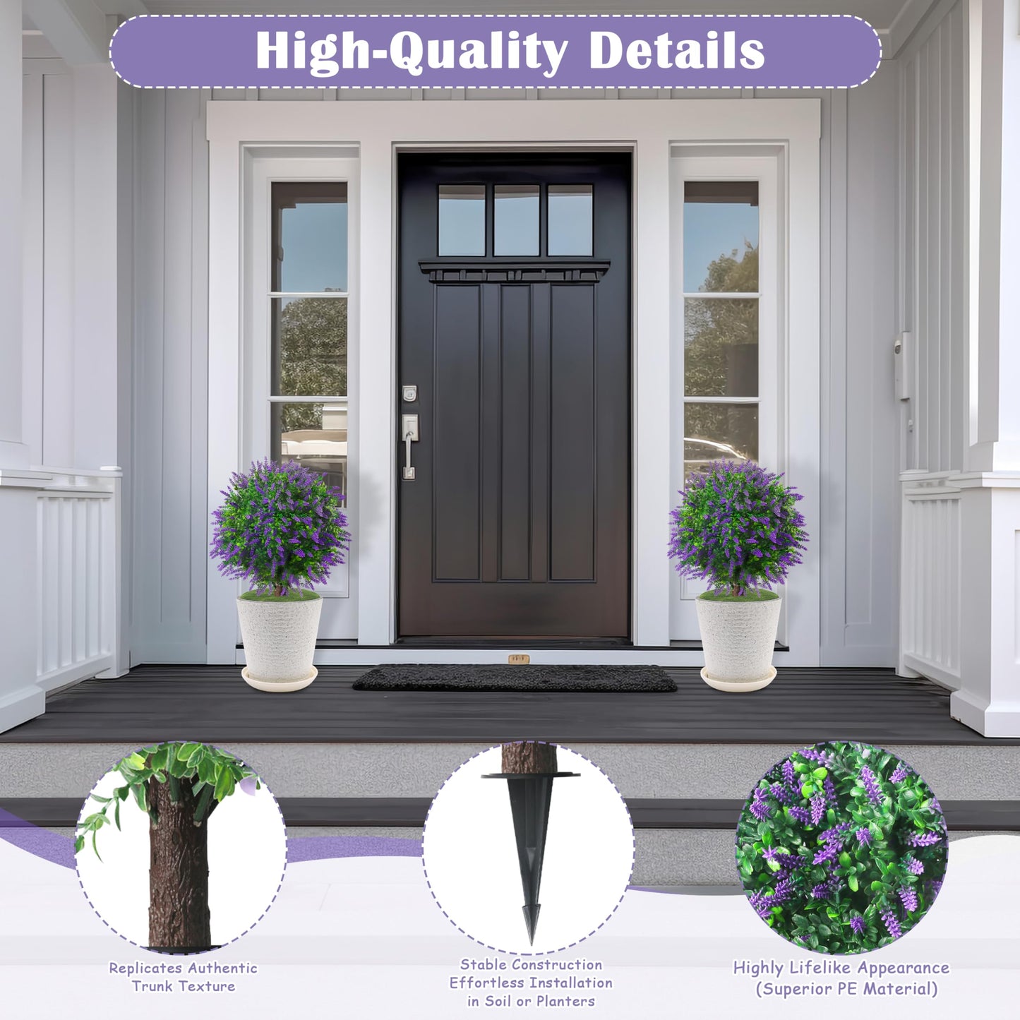 Sunnyglade 25.5" Set of 2 Artificial Lavender Topiary Ball Trees, Faux Lavender Shrub Bushes with Ground Spike, UV Resistant Fake Plants for Indoor, Garden, Yard, Porch, Patio Decor (2, Purple)