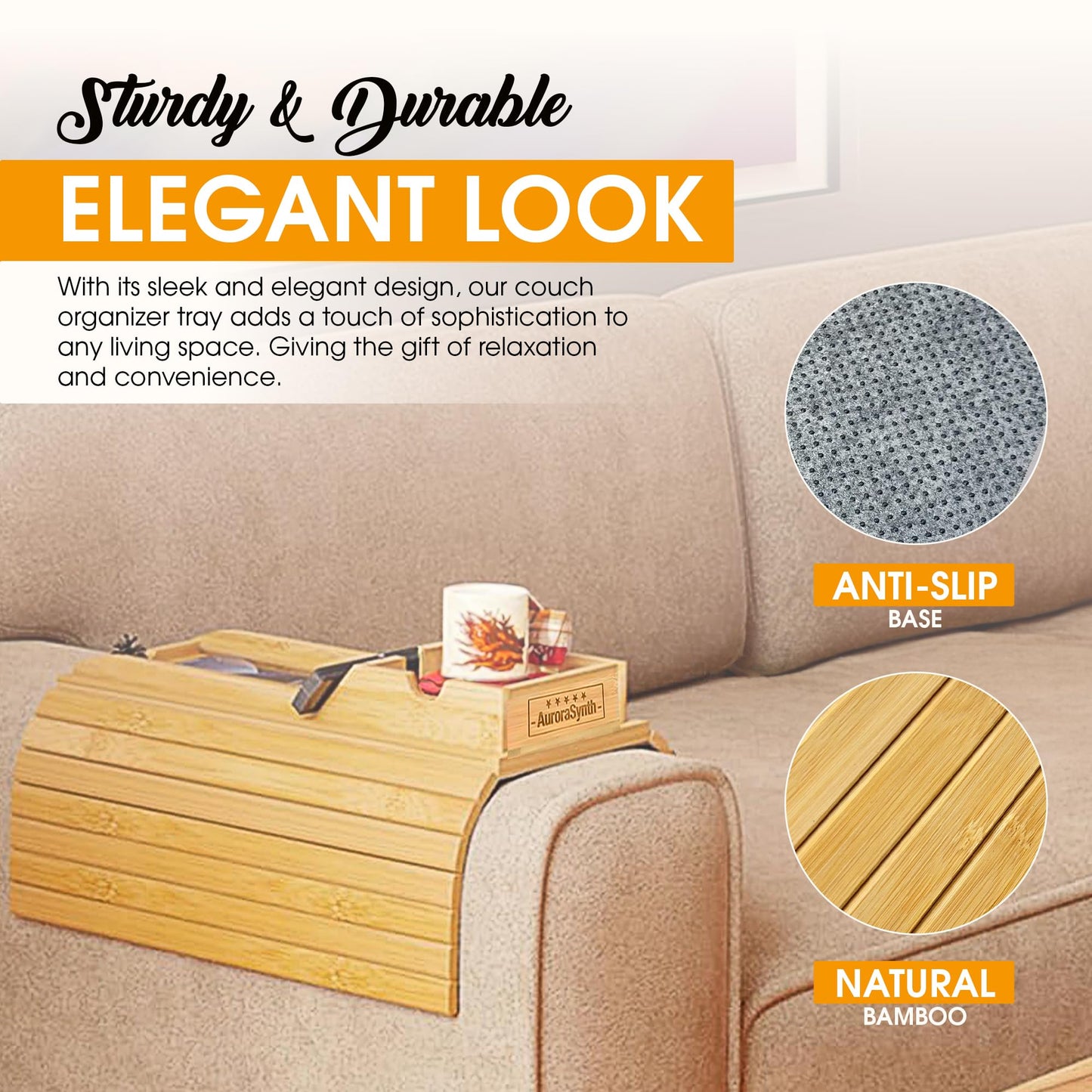 Bamboo Couch Cup Holder Tray with 2 Cork Coasters, Couch Arm Tray, 2 in 1 Anti-Slip Foldable Sofa Arm Tray, Couch Armrest Table, Anti-Spill Couch Arm Table for Drinks TV Remote Cellphone Snacks