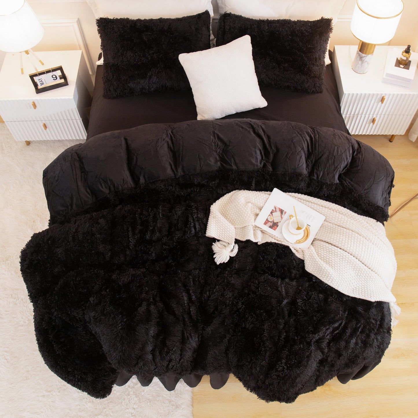 Andency King Size Comforter Set Black, Fluffy Winter Faux Fur Warm Soft Plush Bedding Comforter Set (1 Velvet Comforter & 2 Pillowcases), Fuzzy Thick Heavy Puffy Comforters Bed Set