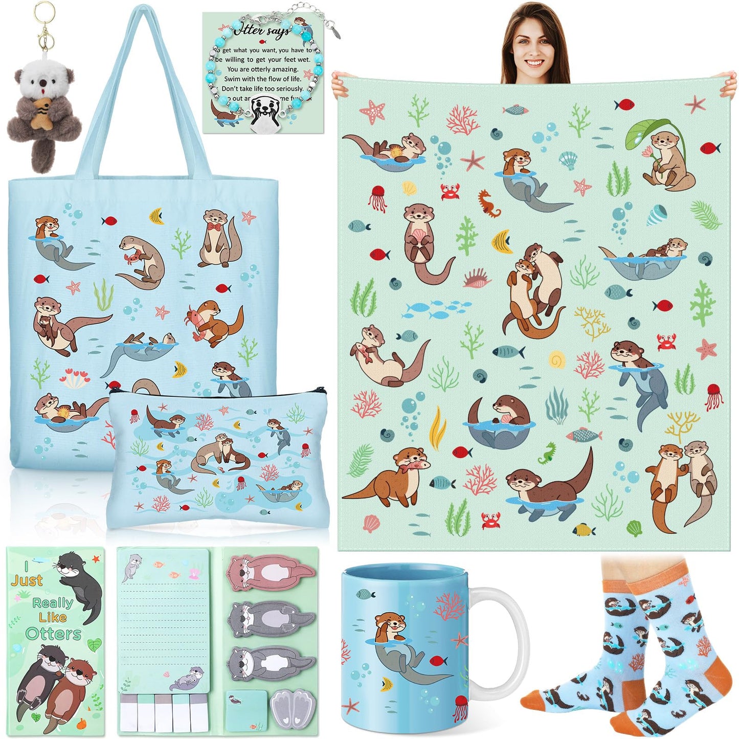 Potchen 8 Pcs Otters Gifts Set Including Blanket Socks Coffee Mug Tote Bag Cosmetic Bag Sticky Notes Set Plush Keychain Bracelet Graduation Birthday Gifts for Otter Sea Animal Lovers Men Women