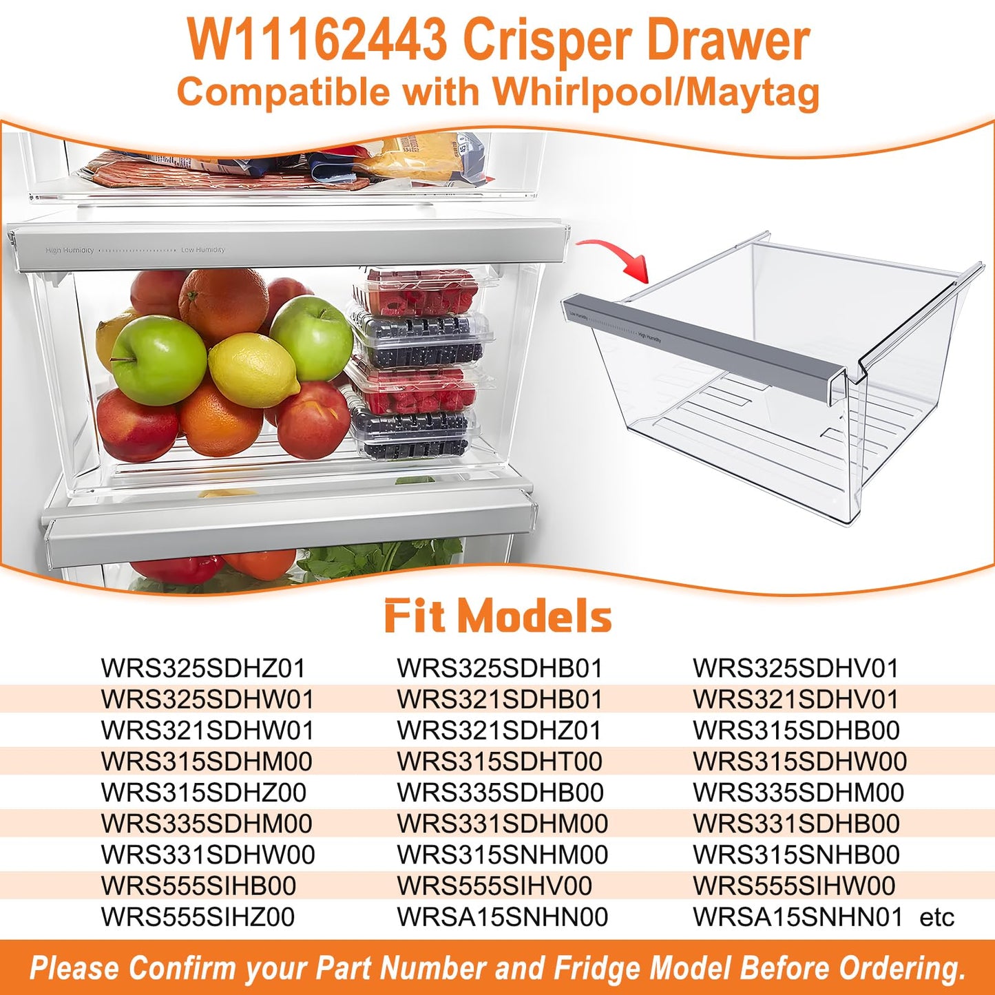 UPGRADED W11162443 Refrigerator Crisper Drawer Compatible with Whirlpool Fridge Drawer Replacement Parts Whirlpool Refrigerator Drawers WRS315SDHZ02 WRS315SDHZ05 WRS315SDHZ08 WRS325SDHZ08 WRS321SDHZ08