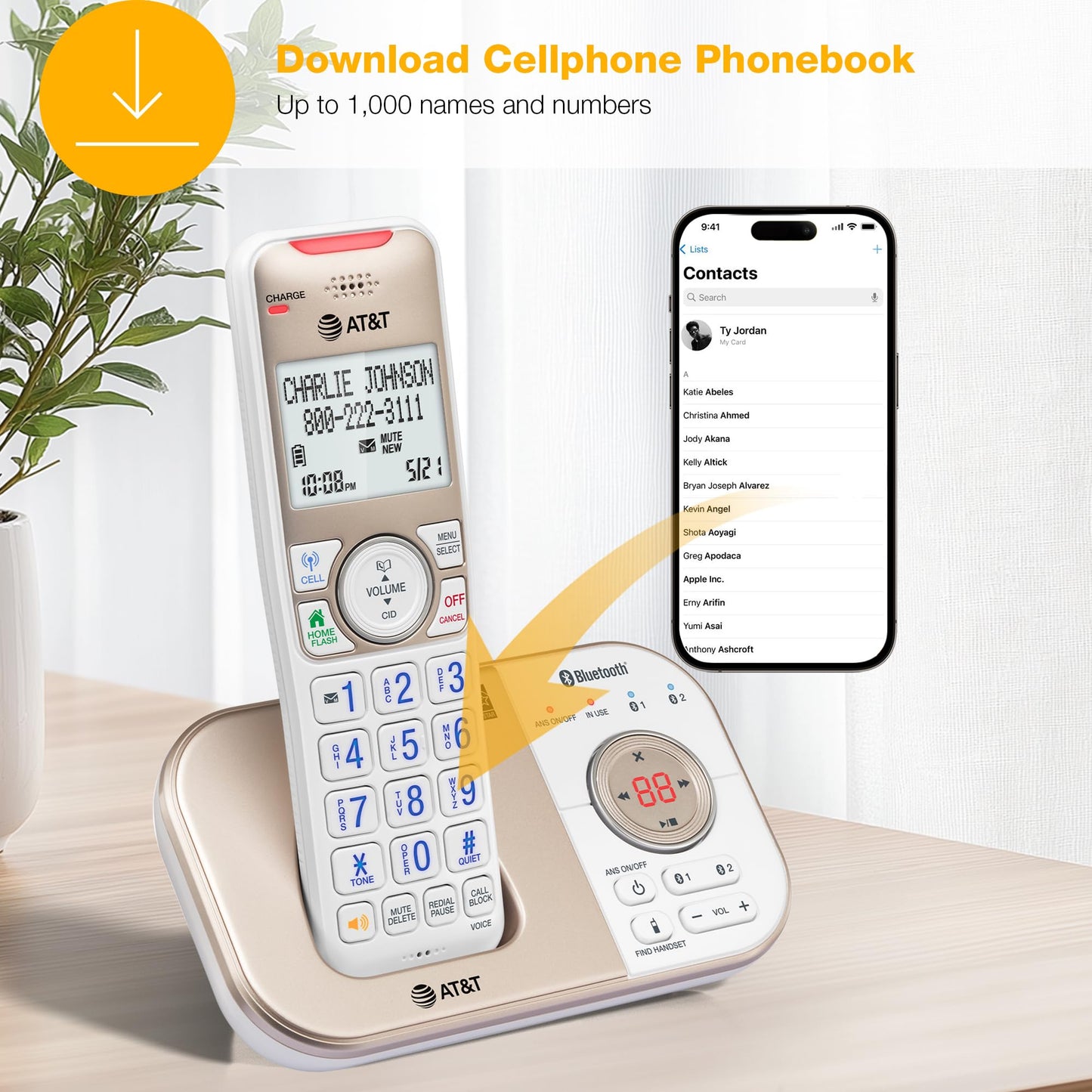 AT&T BL3112 Cordless Home Phone – 1 Handset, Bluetooth to Cell, Smart Robocall Blocker (1,000), Digital Answering, Expandable