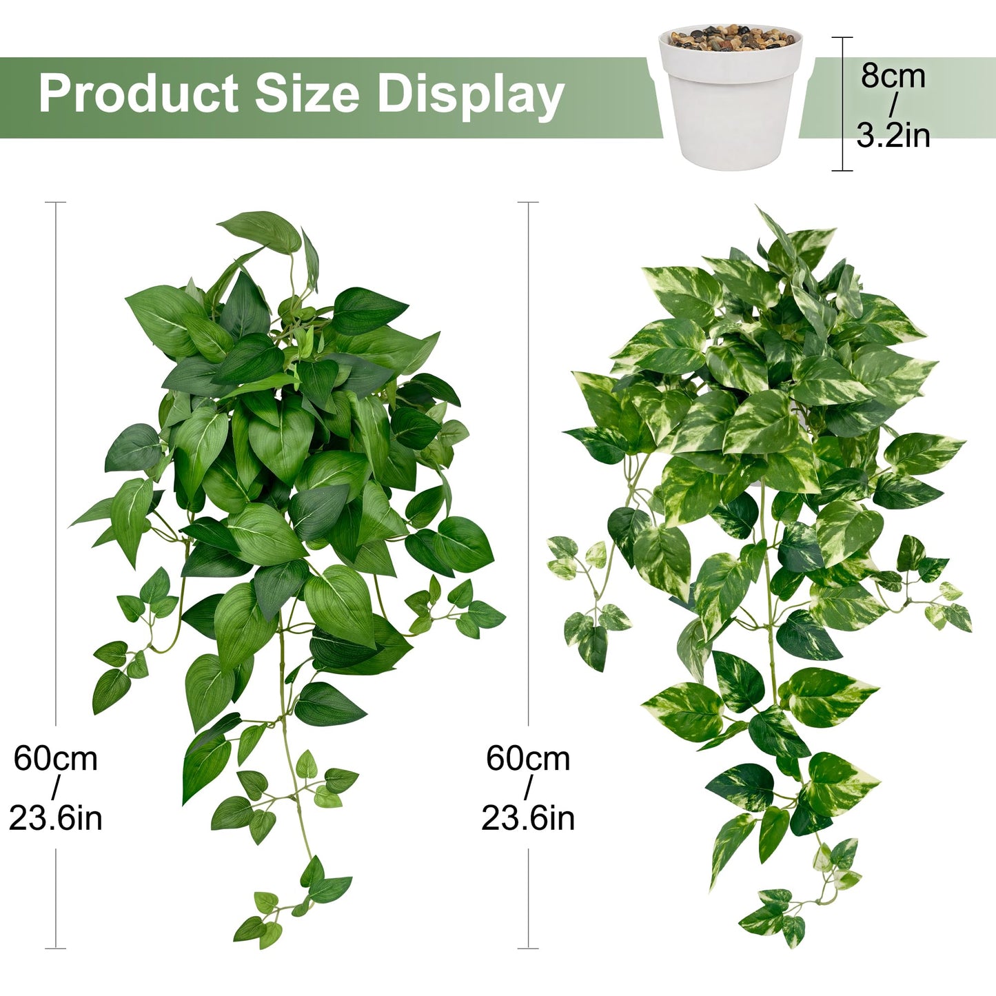 Artificial Hanging Plants with White Pots –2 Pack Fake Pothos Potted Plants Faux Ivy Vines 23.6‘’, Realistic Greenery Hanging Fakeplants Indoor for Home Decor, Bedroom, Bathroom, Office, Living Room