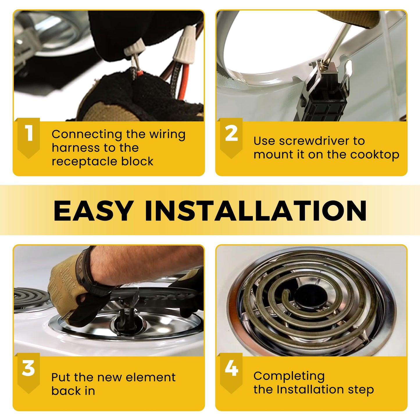 MP22YA Electric Range Burner Element Unit Set（2 pcs MP21YA 8" & 2 pcs MP15YA 6"）with 4pcs 330031 Range Burner Receptacle Kit Fit for Whirl-pool Ken-more Stoves Replace WP660532, WP660533 by AMI PARTS