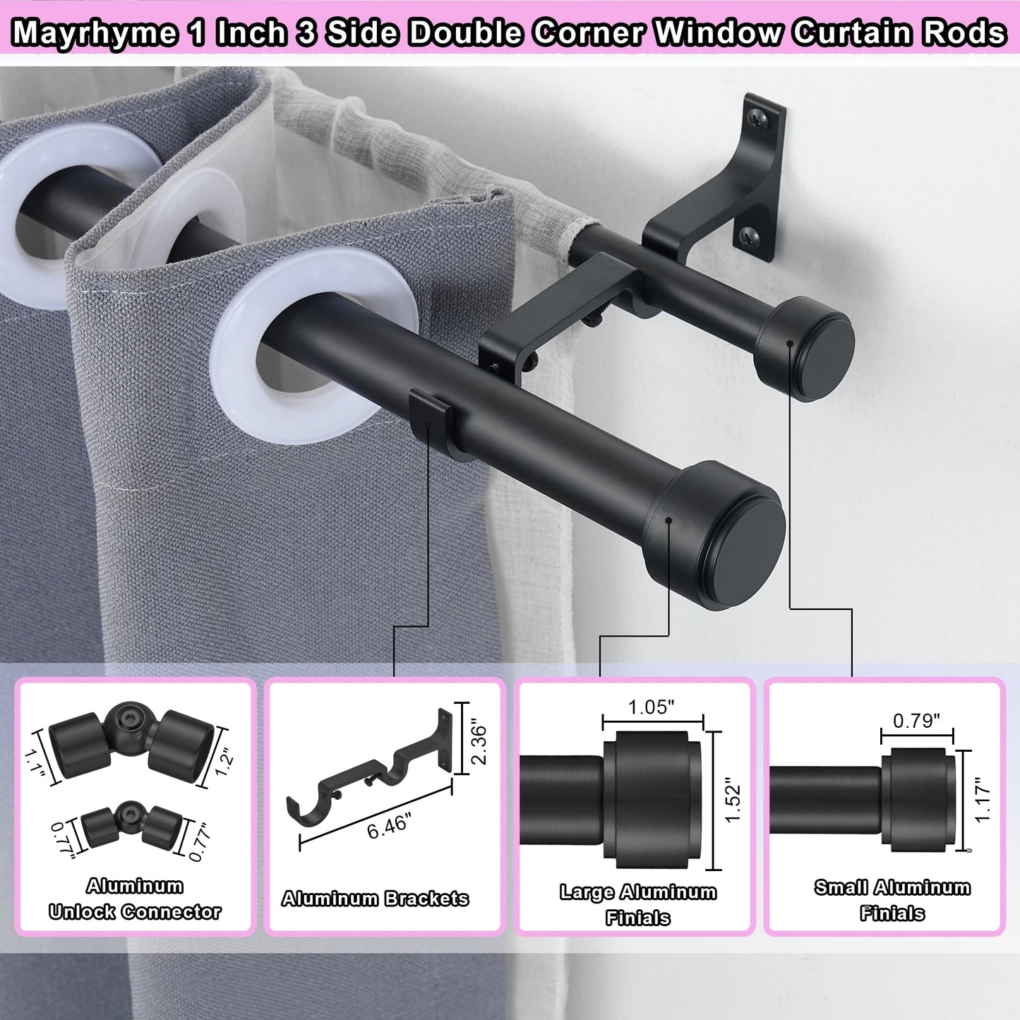 Mayrhyme Black Double Corner Window Curtain Rods with Aluminum End Cap Finials and Brackets,1 Inch Diameter Dual Bay Window Curtain Rods, Adjustable 2 Sided 36-72 Inch Double Drapery Rod