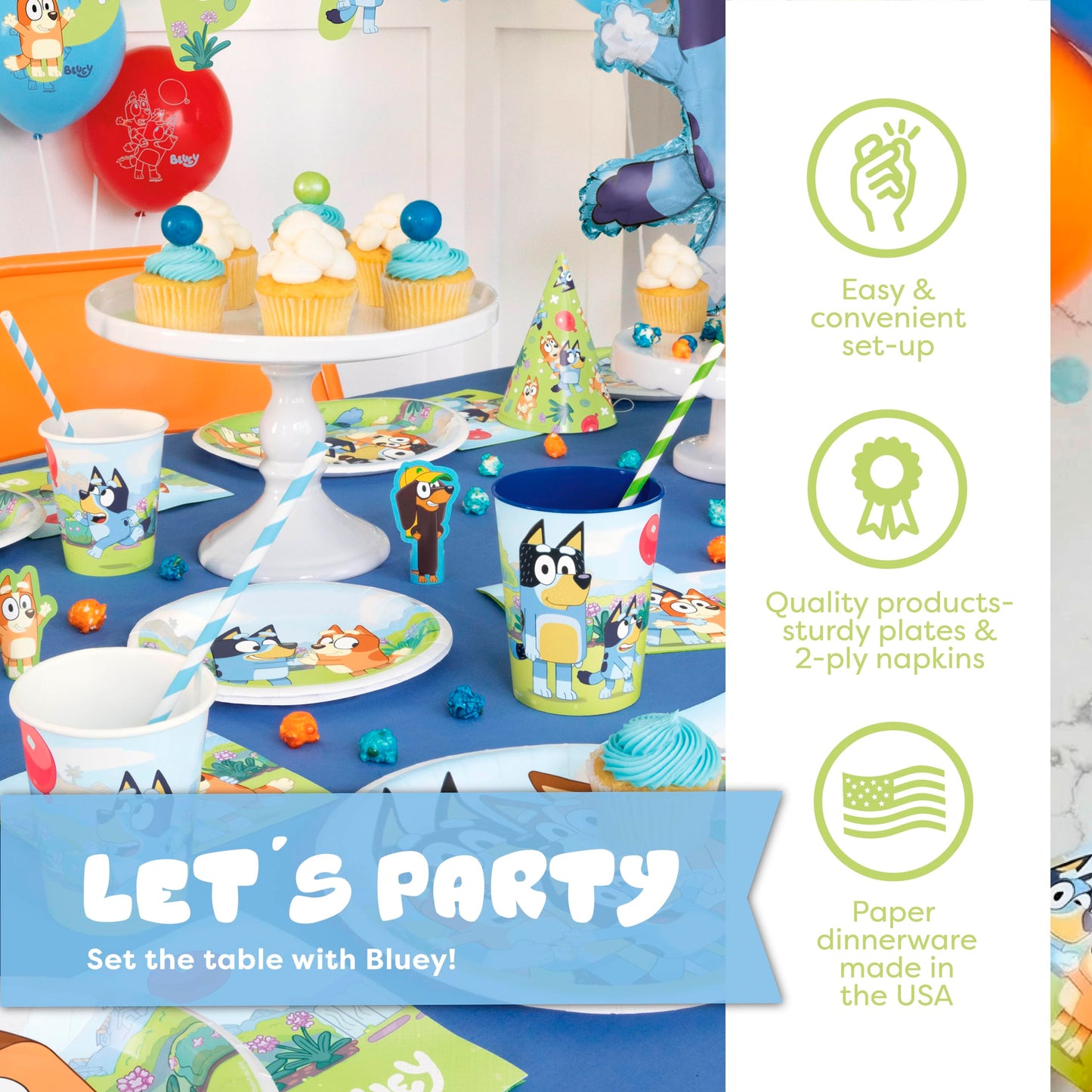 Bluey Birthday Decorations for Party | 16 Dinner Plates, 16 Dessert Plates, 16 Napkins, 16 Cups, 18 Forks | With Sticker | Officially Licensed