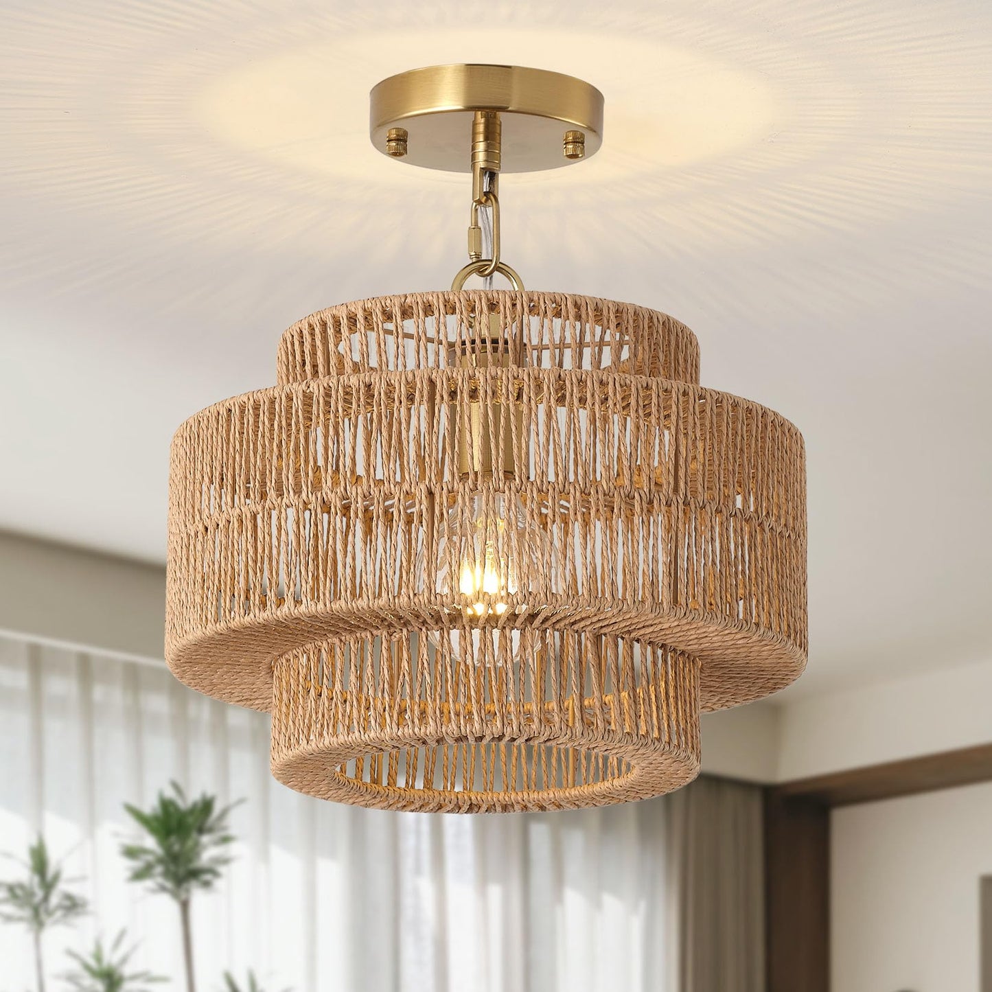 Giutna 12.4" Boho Rattan Farmhouse Chandeliers for Dining Room, Rattan Hand-Woven Rustic Drum Chandelier Pendant Light Fixture for Kitchen Island Bedroom Living Room Entryway Foyer