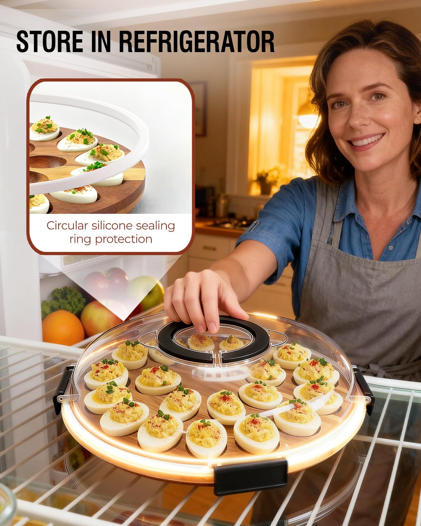 Renmxj Deviled Egg Containers with Lid (24 Eggs), 2026 Upgraded Acacia Wooden Deviled Egg Tray Platter for Party and Home Kitchen, The Lid is Dishwasher Safe (Black)