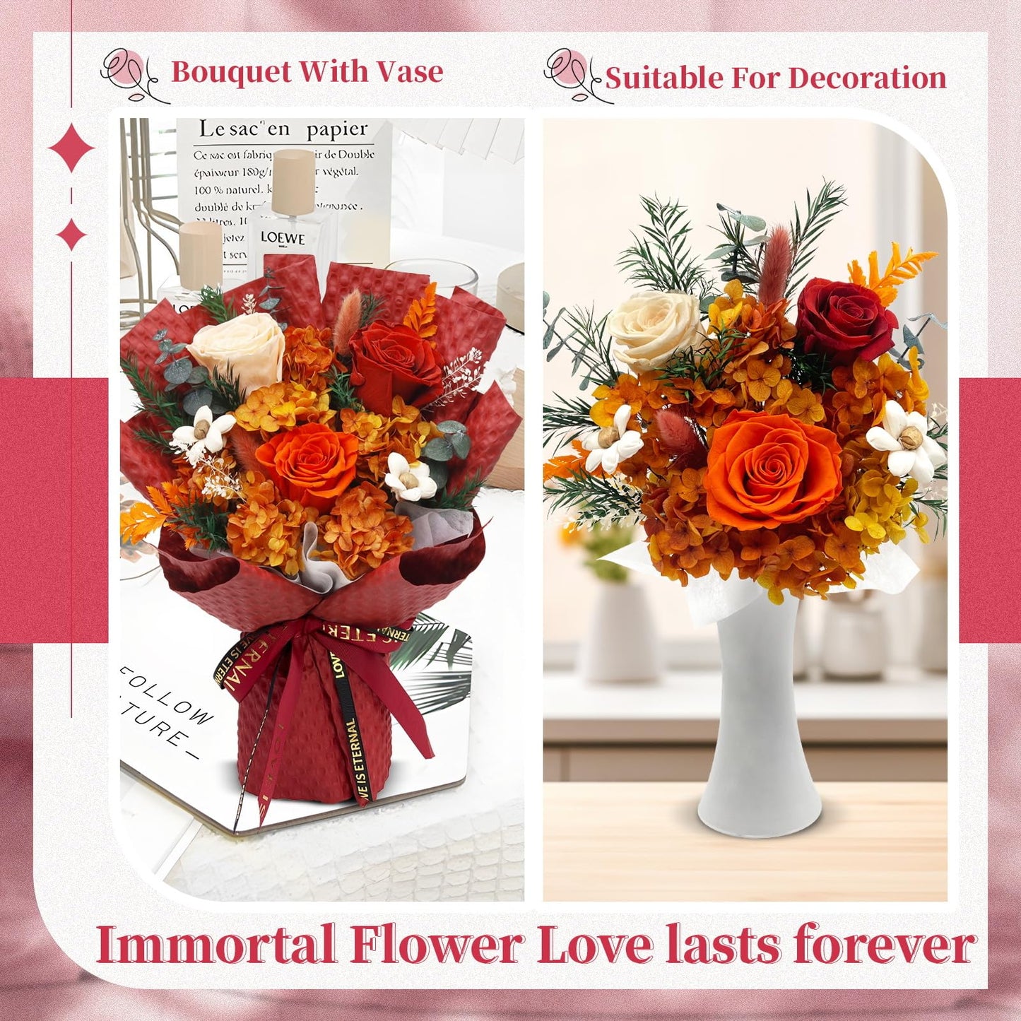 VTJMB Flowers for Delivery Prime, Preserved Flower Bouquet with Box, Birthday Dried Flowers Gift for Women, Mothers Day Gifts for Mom, Wife, Grandma, Friends