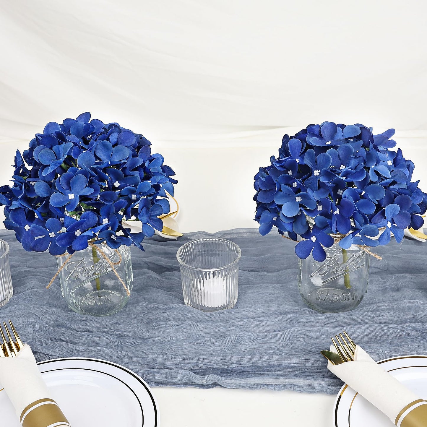 Scawim Mason Jars with Hydrangea, 10 Set Artificial Flower Table Centerpieces Glass Flowers Vases Decor for Home Wedding Farmhouse Bridal Shower Graduation Boho Decorative(Royal Blue)