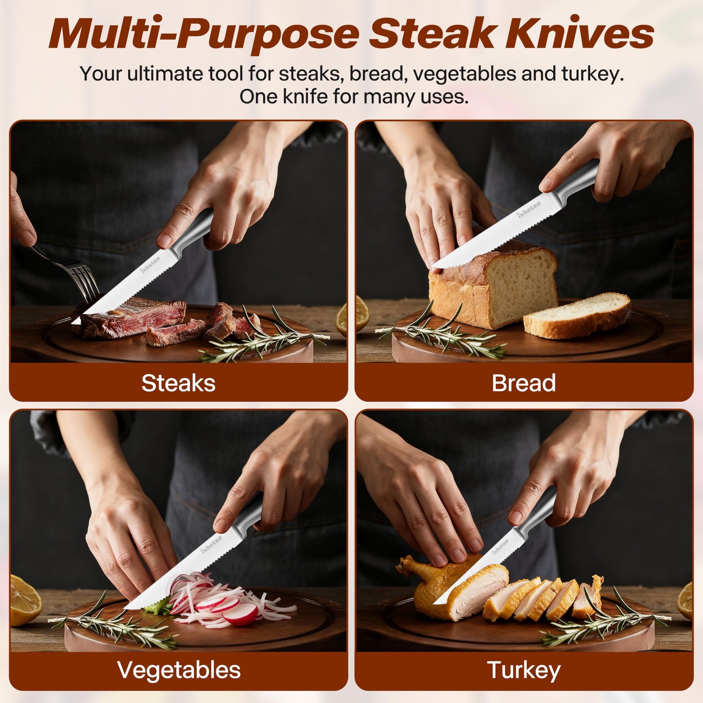 isheTao Steak Knife Set of 6, 4.5 inches Dishwasher Safe High Carbon Stainless Steel Knives, Silver