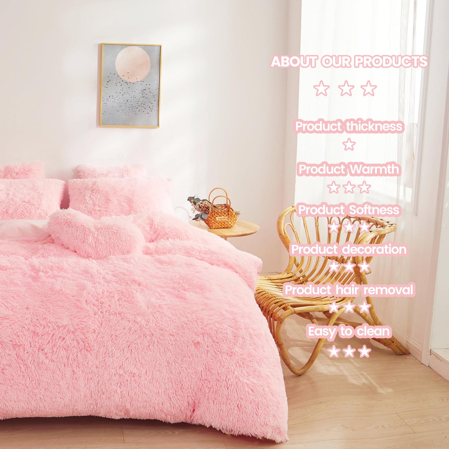 FOPPA Fluffy Faux Fur Pink Comforter Cover Set Queen - Ultra Soft Plush Pink Bedding Sets 3 Pieces (1 Fluffy Duvet Cover + 2 Faux Fur Pillow case) Cute Bed Set (Light Pink, Queen)