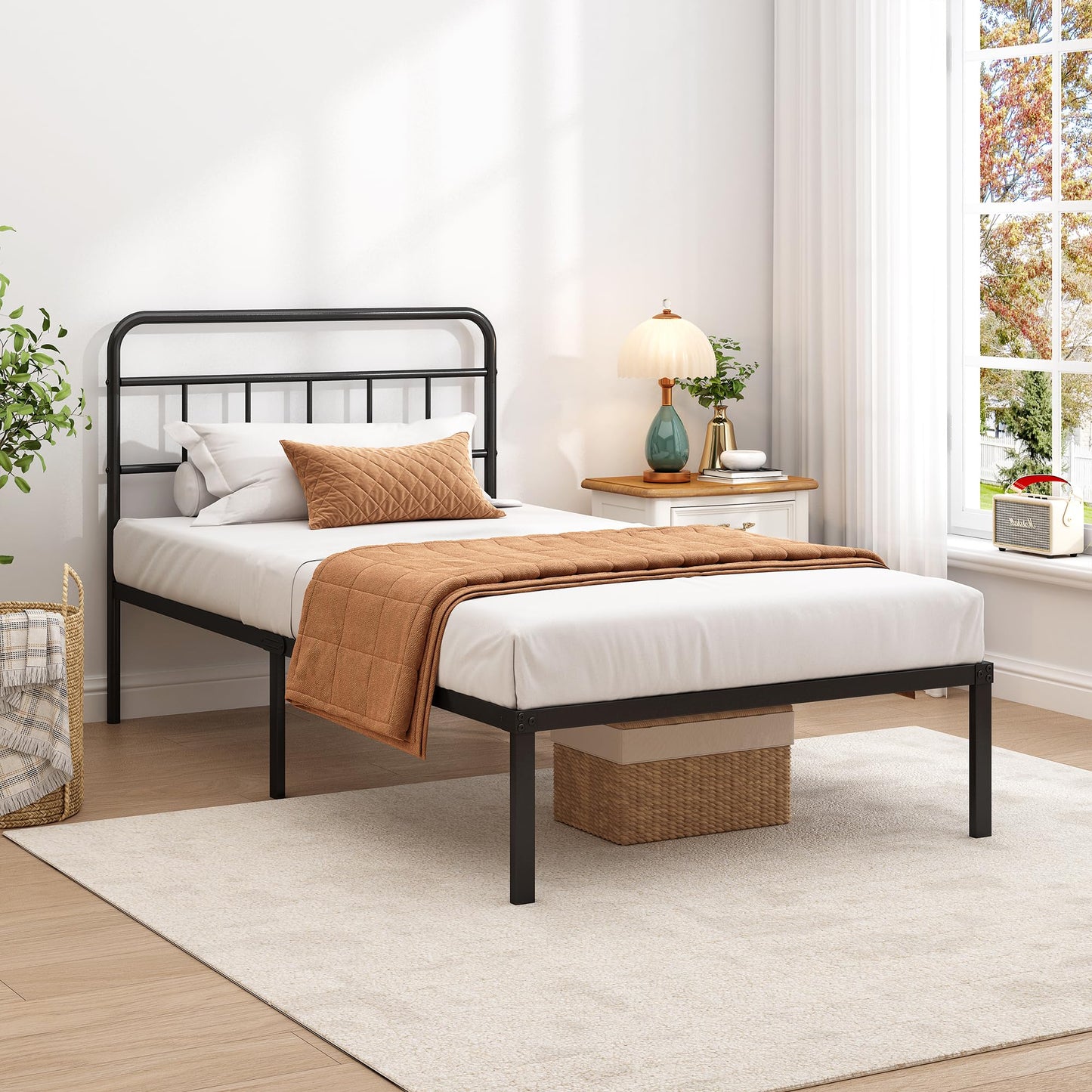 Ziguxiao Twin Bed Frame with Classic Headboard,Strong Metal Slats Support,Under Bed Storage Space,No Box Spring Needed,Easy to Assemble,Black