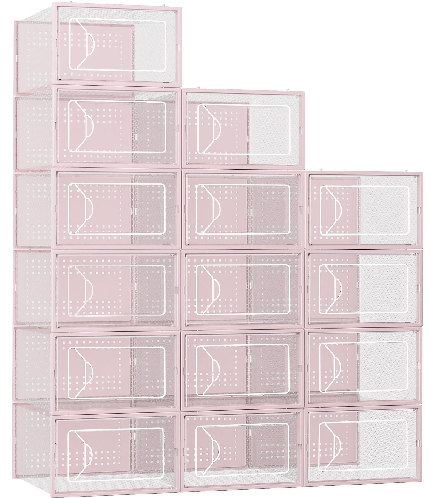 Foluck Shoe Storage Box, 15 Pack Clear Plastic Stackable Shoe Organizer for Closet, Interlocking Design Shoe Container Bins for Sneakers, Foldable Shoe Rack with Lids, Pink
