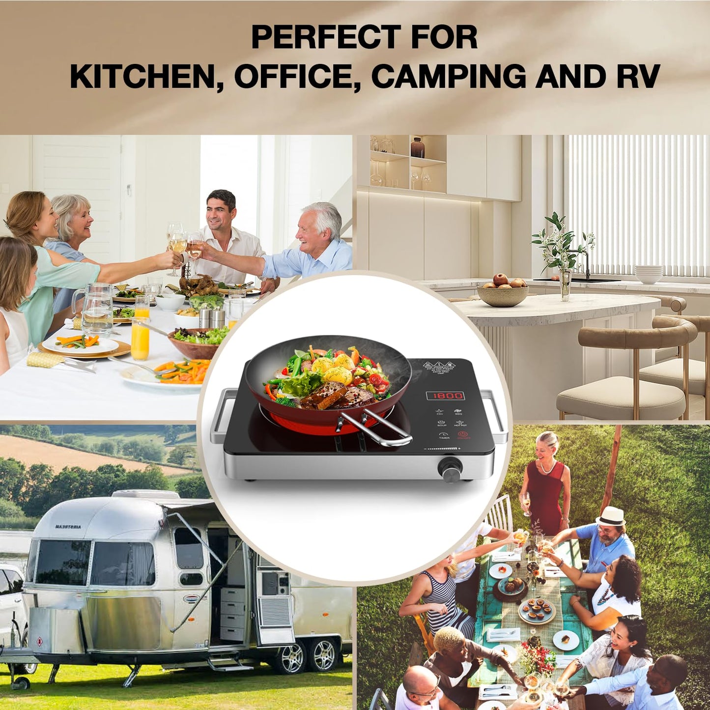 Portable Electric Cooktop 110V, 1800W Electric Stove Infrared Hot Plate with Knob Control, Nafewin Single Burner Countertop Burner with Handle, 4-Hours Timing Setting, Compatible for All Cookwares