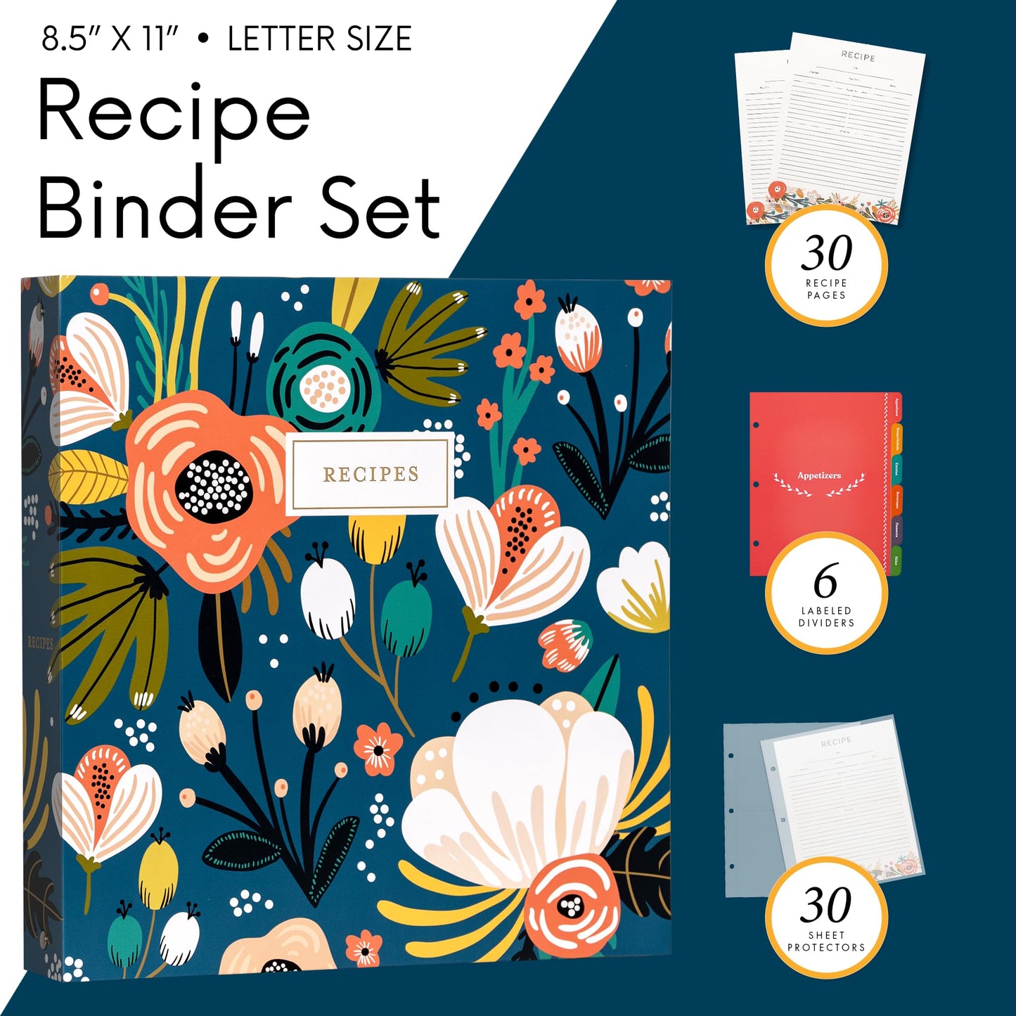 Jot & Mark 8.5" x 11" Sturdy 3 Ring Recipe Binder with Spill-Proof Clear Binder Sleeves Sheet Protector, 30 Dual-Sided Recipe Card Pages for Written & Printed Recipes, Tabbed Dividers, Garden Floral