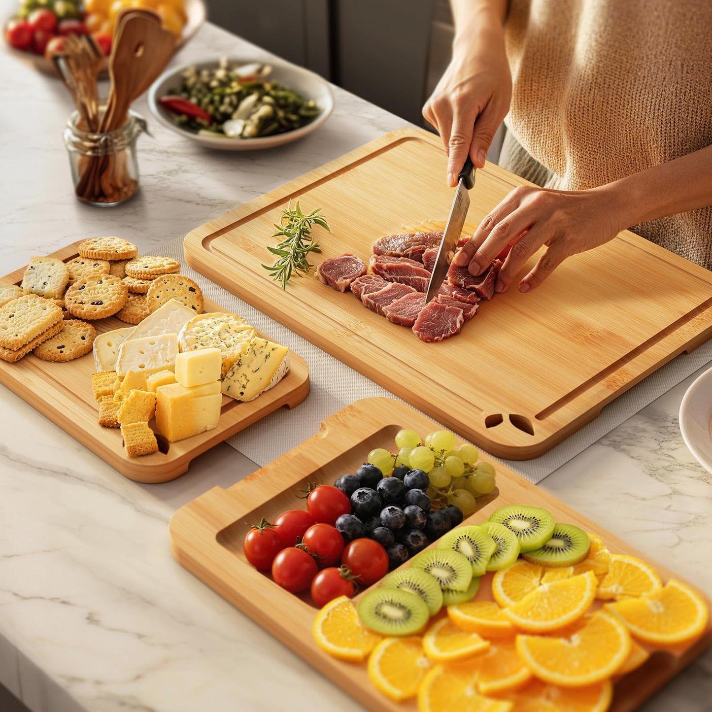 Toolola Bamboo Cutting Boards for Kitchen with Holder & Silicone Mat, Lightweight & Knife-Friendly Wood Cutting Board Set with Side Handles and Juice Grooves, Natural
