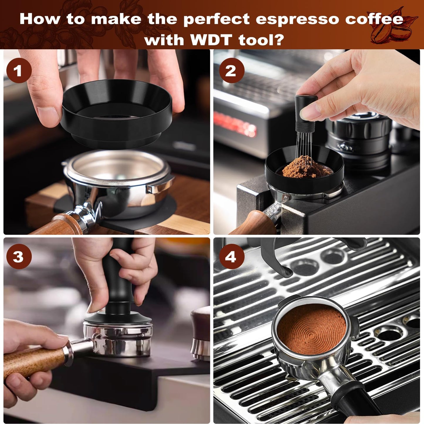 Espresso Accessories Kit 58mm, Coffee Tamper with Spring Loaded Calibration, 316 Stainless WDT Tool with Magnetic Stand and Dosing Funnel Set Fits Espresso Machine Press and 58mm Portafilters