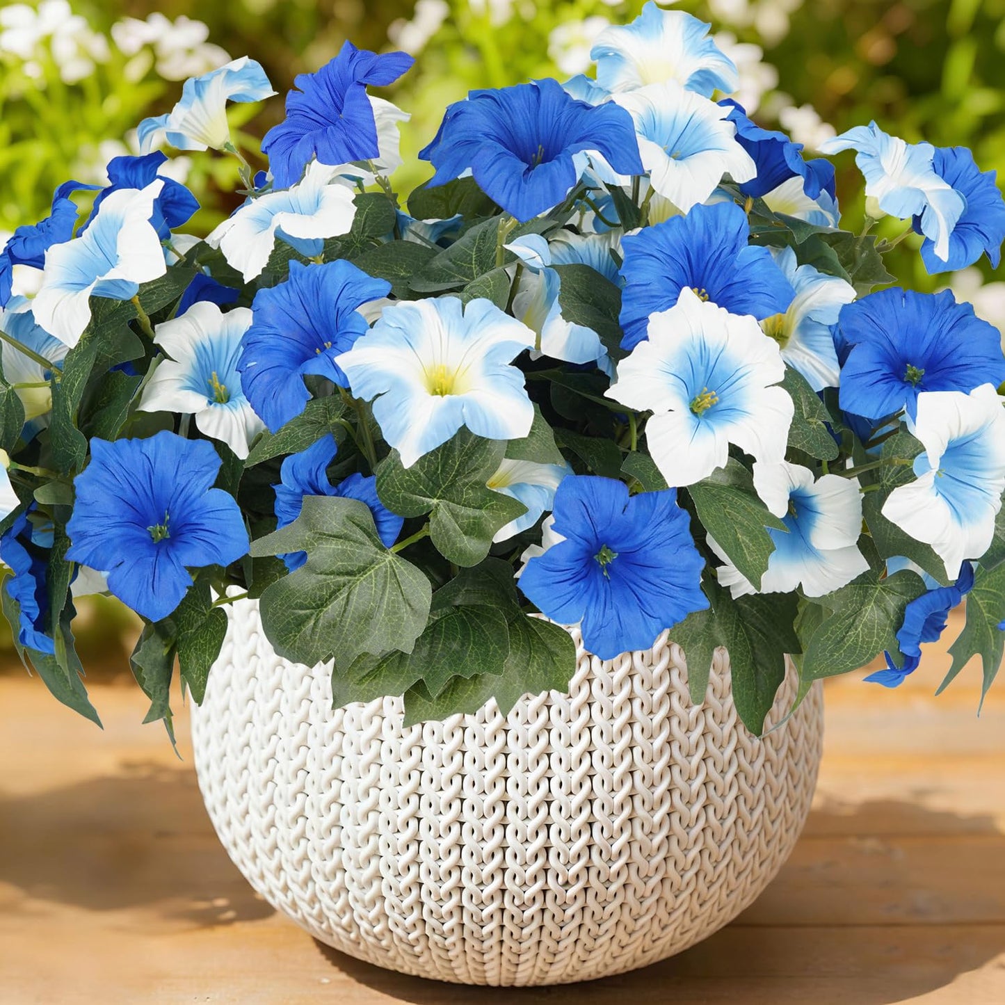 Artificial Flowers for Outdoors, Faux Petunias Spring Summer Decoration, Fake Flowers Plants UV Resistant Look Real Silk Flowers for Outside Planter Front Door Porch Patio Yard (12, Blue-White)