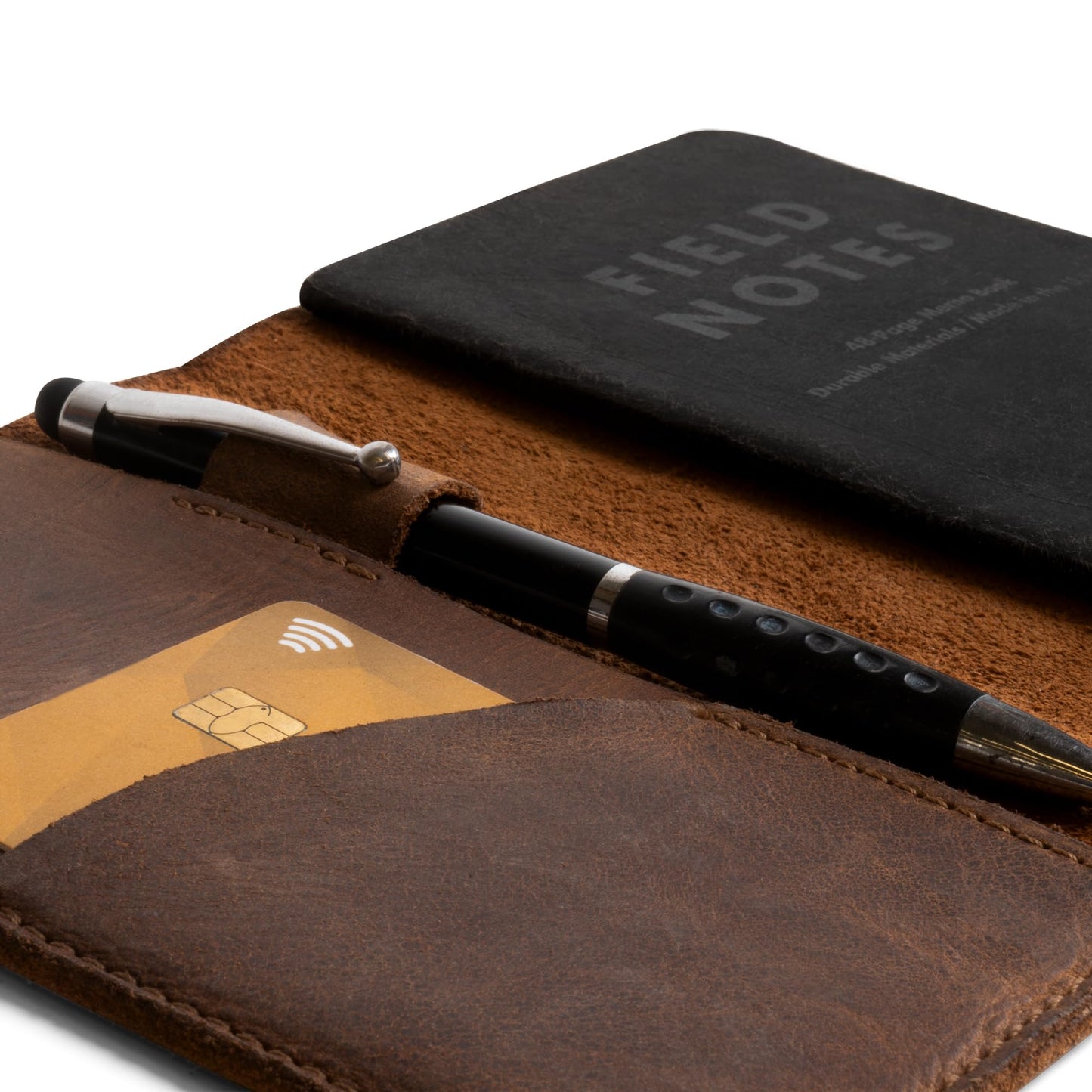 Leather Field Notes Cover, Leather Notebook Cover 3.5 x 5.5 in. with Card and Pen Holder, Handmade Protective Storage for Pocket Moleskine Journal Cover, Book & Notebooks, Notepad Wallet for Travelers (Bourbon Brown)