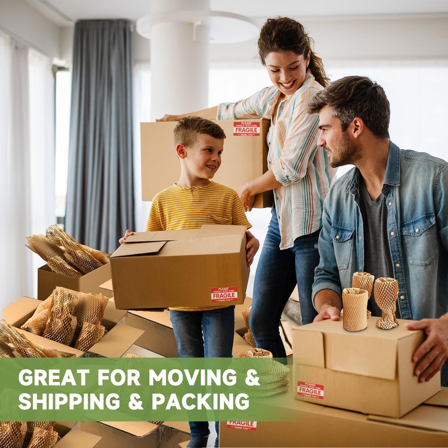 NAPALOOK Honeycomb Packing Paper Wrap 15''x600', Substitute Alternative for Bubble Cushioning Wrap for Moving Shipping Packaging, Recyclable Moving Supplies with 48 Fragile Sticker Labels