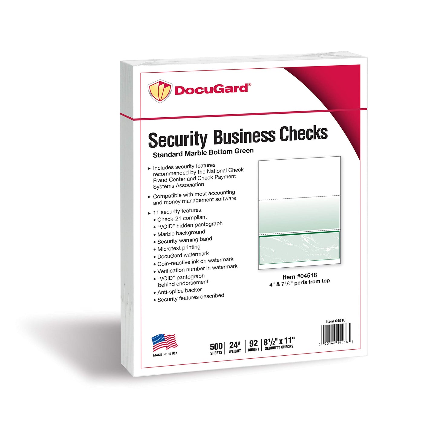DocuGard Standard Green Marble Bottom High Security Check Paper - QuickBooks & Laser/Inkjet Printer Compatible - 11 Security Features - 500 Blank Business Checks (04518)