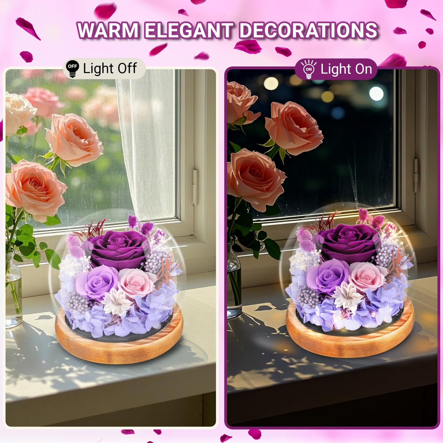 Preserved Flowers Rose in Glass Dome Forever Flowers Valentines Day Gifts for Her Eternal Roses with Light Long-Lasting Real Flowers Mothers Day Birthday for Women Mom Grandma, Purple