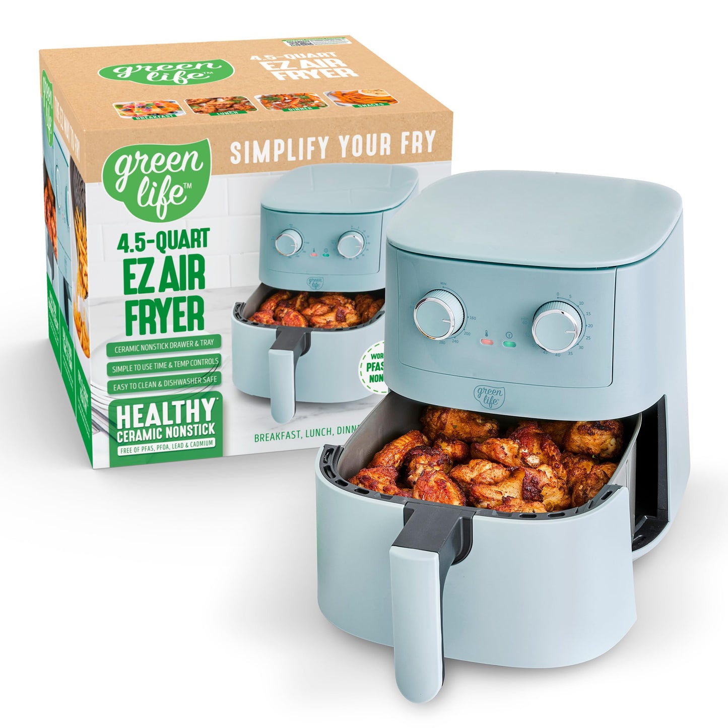 GreenLife 4.5QT Air Fryer, Mechanical Dial Controls, PFAS-Free Ceramic Nonstick Drawer, Adjustable Temp & Timer, LED Indicator, Oil-Less Cooking, Dishwasher Safe, Compact Family Size, Blue