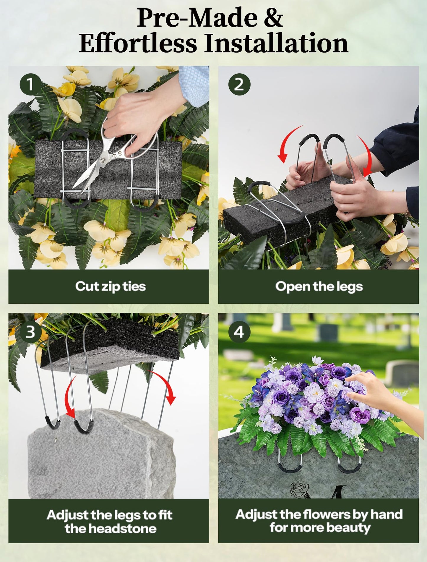 Memobloom Cemetery Flower Saddles for Headstones: Purple Flowers Artificial Outdoors Grave Decorations Summer Memorial Day - Fake Rose Camellia Tombstone Flowers Saddle for Cemetery Gravestone