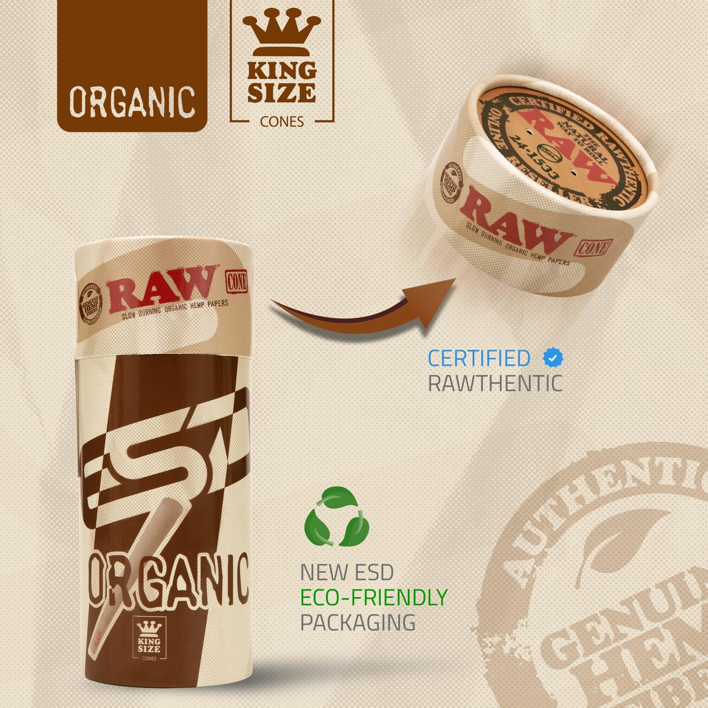 RAW Cones Organic King Size - 100 Pack - Slow Burning Pre Rolled Cones with Tips Included
