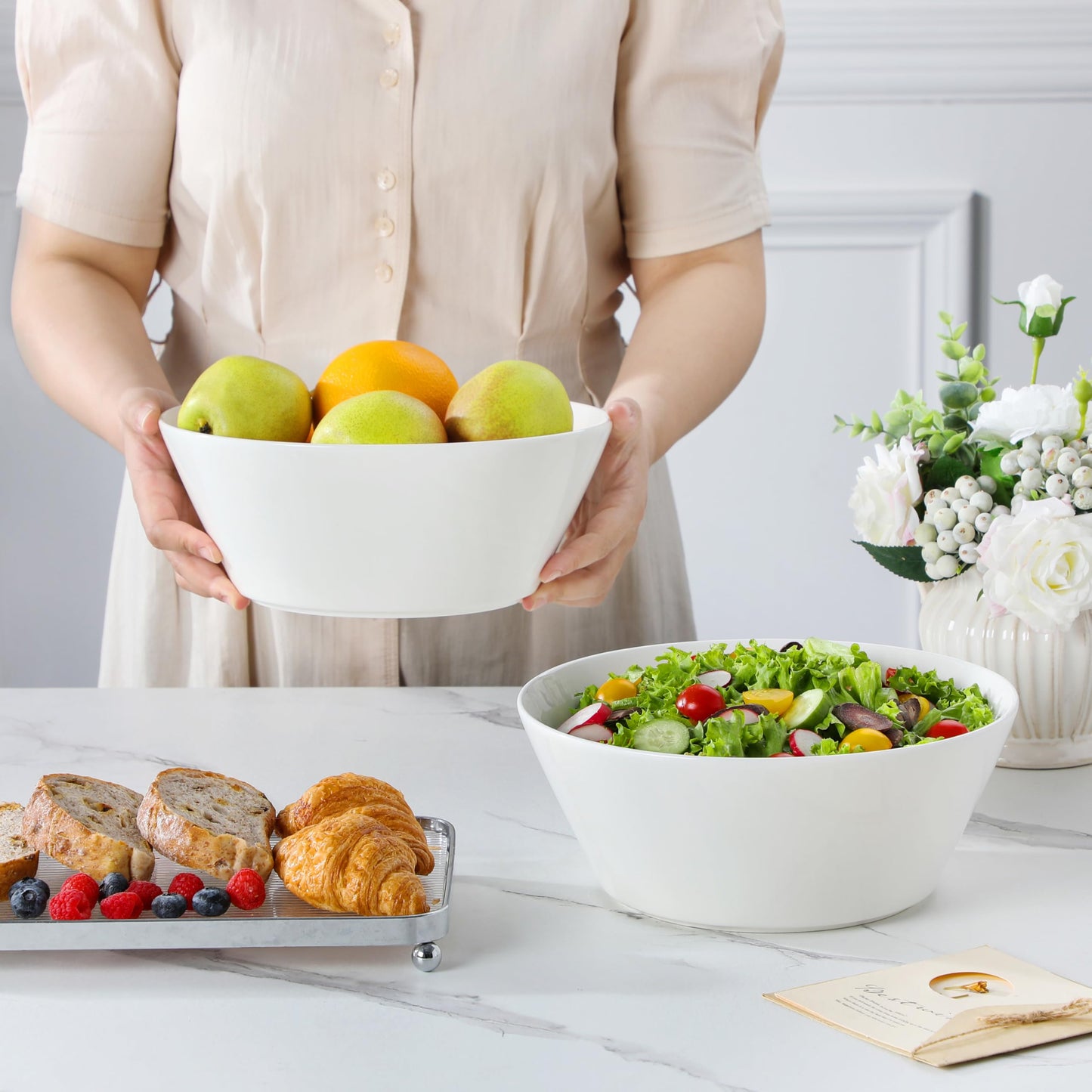 MALACASA Serving Bowls, 105 OZ Large Salad Bowls Set of 2, Porcelain White Bowls for Kitchen, Large Bowl for Salad, Soup, Pho and Fruit, Ceramic Serving Bowls for Party, Microwave Safe, Series Regular