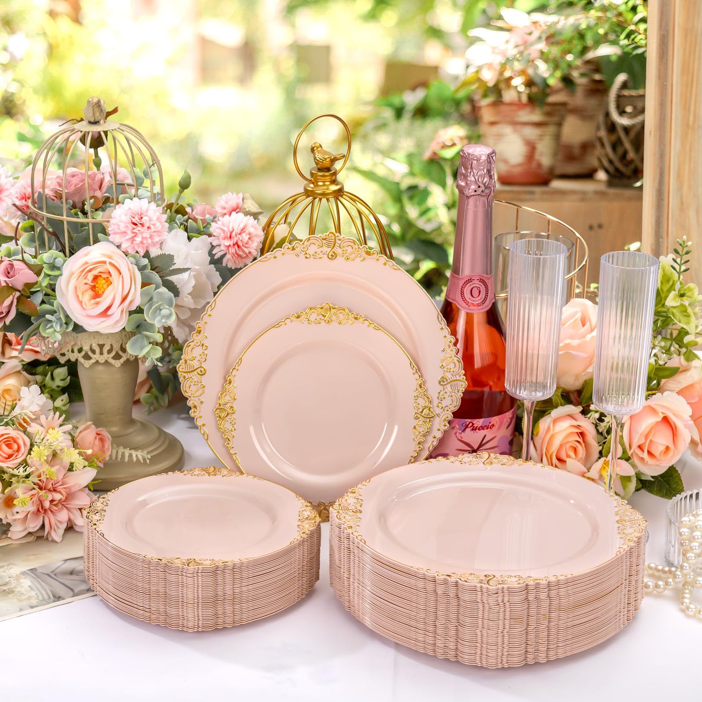 Joyido 200PCS Pink and Gold Plates - Pink Plastic Plate - Fancy Disposable Plates with Gold Rim - Vintage Wedding Dinner & Dessert Plate for 100 Guests for Wedding & Bridal Shower