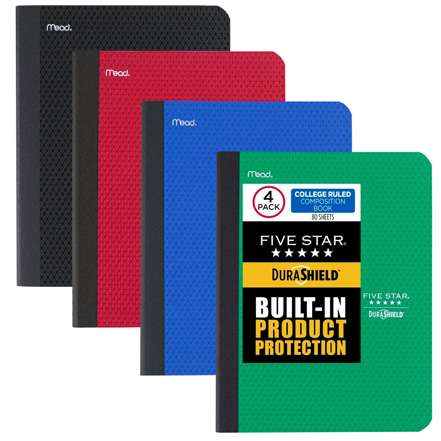 Five Star Composition Books + Study App, 4 Pack, College Ruled Paper, 9-3/4" x 7-1/2", 80 Sheets, Anti-Microbial, Black, Red, Green and Blue (850070A-ECM)