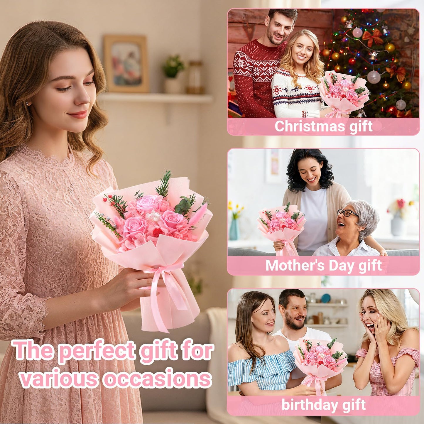 Gnifot Preserved Flowers Bouquet, Flowers for Delivery,Handmade Pink Rose Bouquets Lasting 3-5 Years, Luxury Gift Box,Birthday Flowers Gifts for Women Mom Grandma Wife Friends