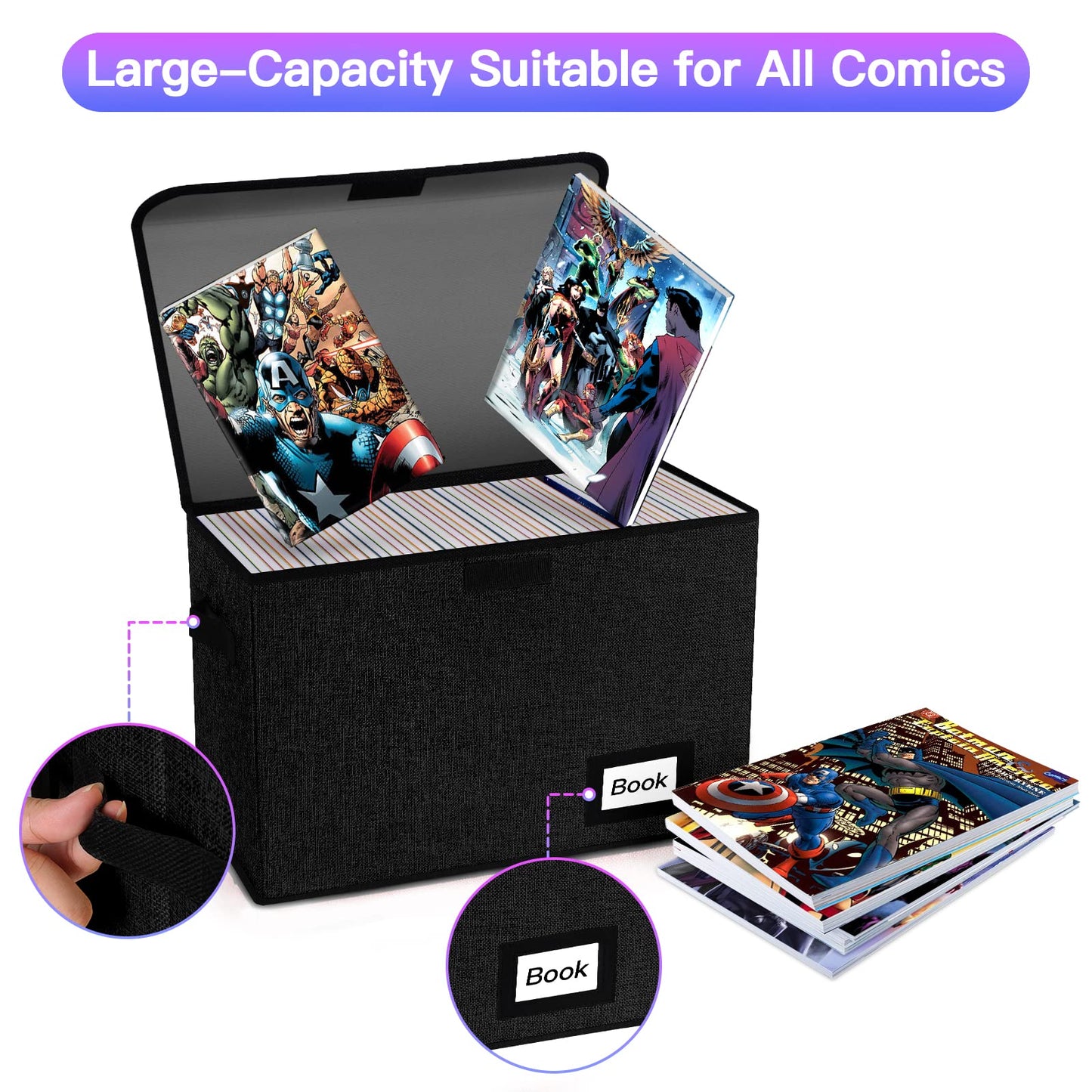 YNSZAS 5 Pack Comic Book Storage Boxes, 15.8" X 7.8" X 11.8", Collapsible Comic Short Box, Holds 160-180 Collection Comic Book Container Holder Shelf Protector Organizer Bin (Black)