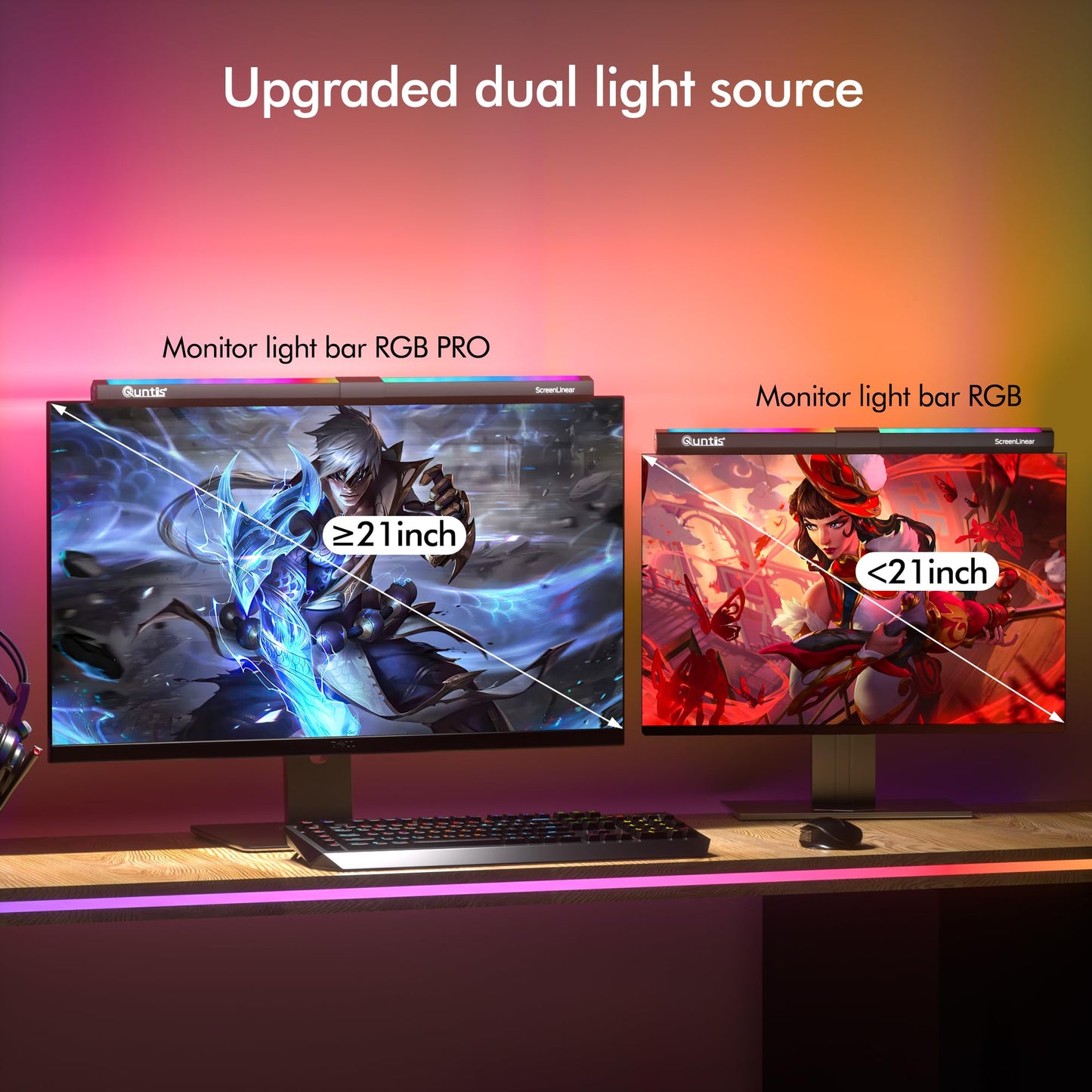 Quntis Monitor Light RGB PRO Backlight, Eye-Care Dual Light Computer Light Bar Gaming Office Desk Lamp, 15 Modes Dimmable Backlight, 3 Color Temperature Adjustable Brightness, Ra95 Screen Light Bar