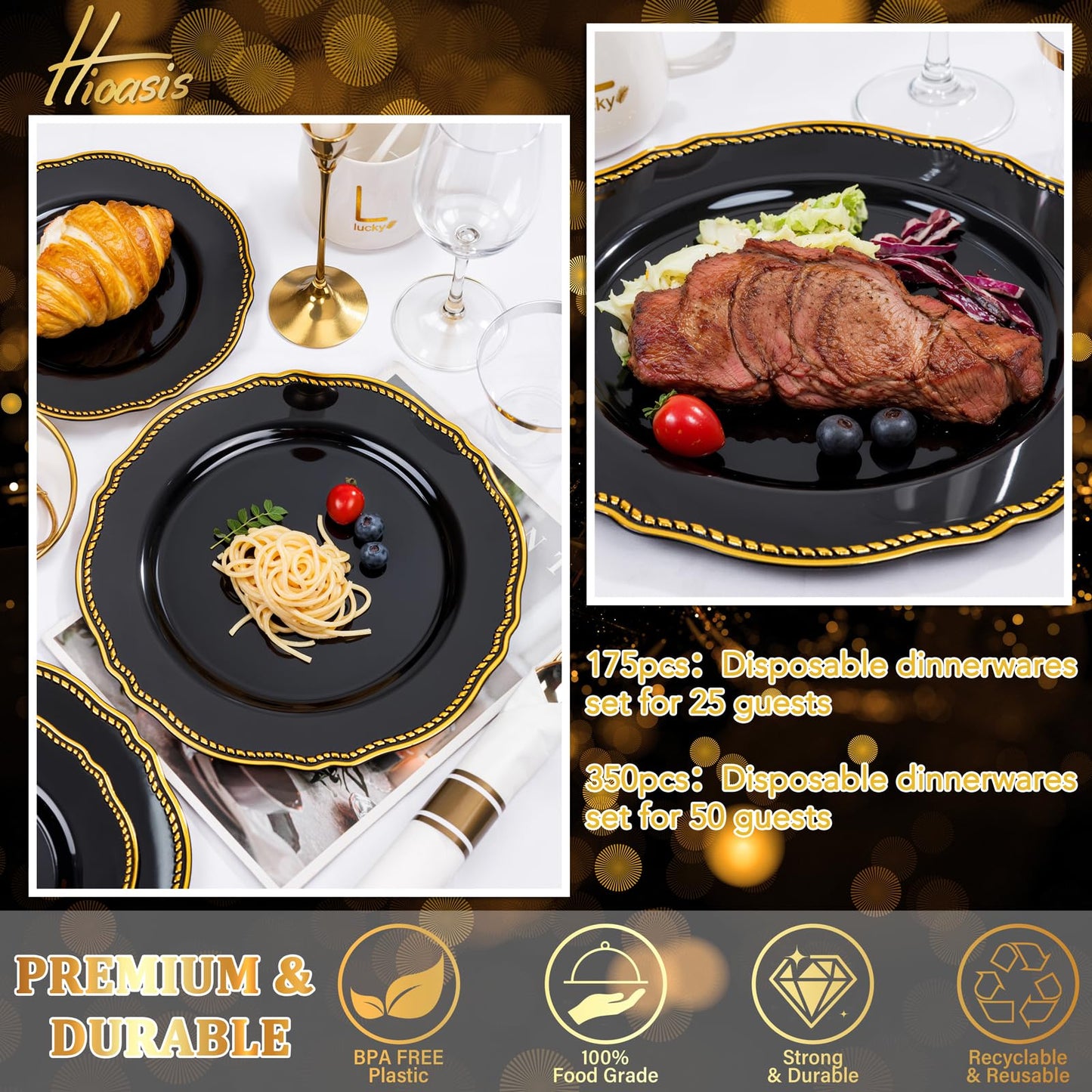 Hioasis 175pcs Black and gold Plastic Plates - Gold Plastic Dinnerware Set Includes 25 Dinner Plates, 25 Dessert Dinnerware, 25 Cups, 25 Napkins Perfect for Wedding & Party