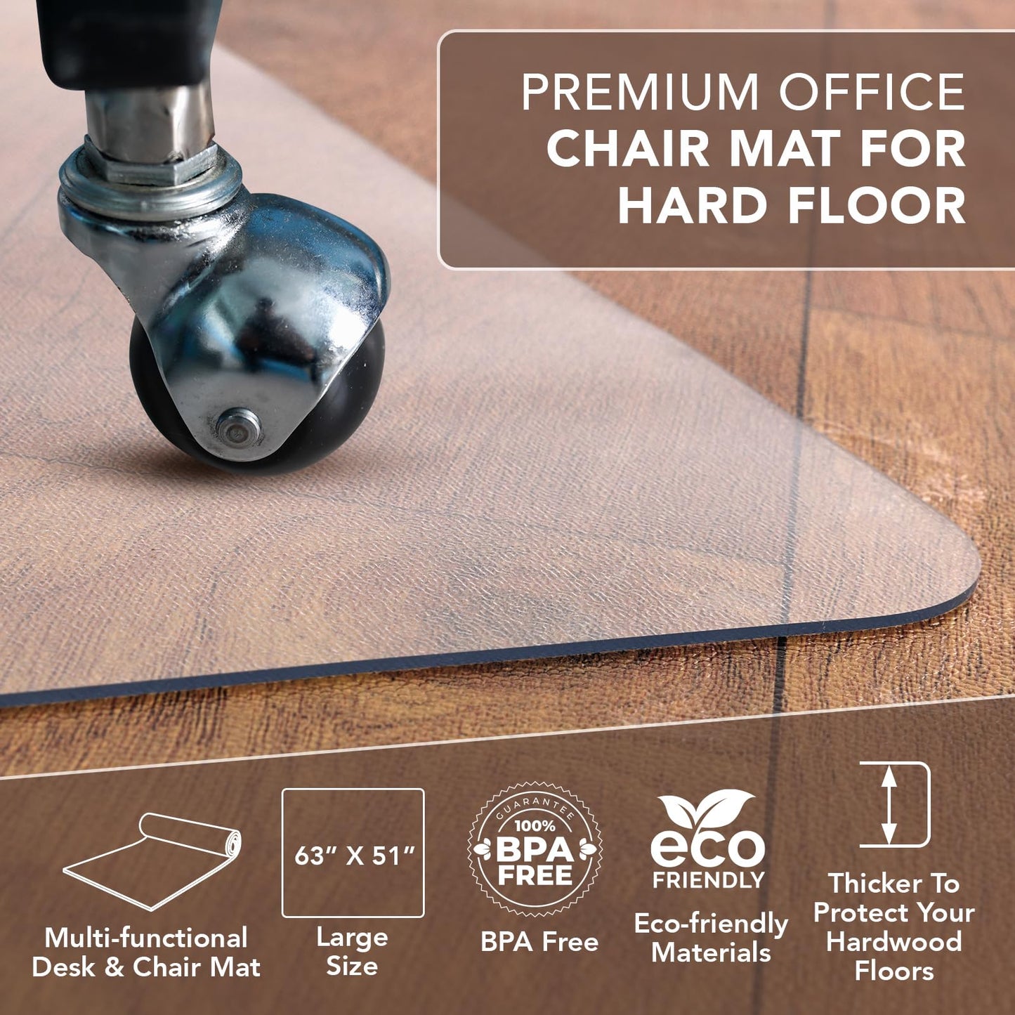 Office Chair Mat for Hardwood Floor: 63"x 51" Extra Large Chair Mats for Hardwood and Tile, Clear Desk Chair Mat for Rolling Chair and Computer Desk, Heavy Duty Plastic Floor Protector for L Desk
