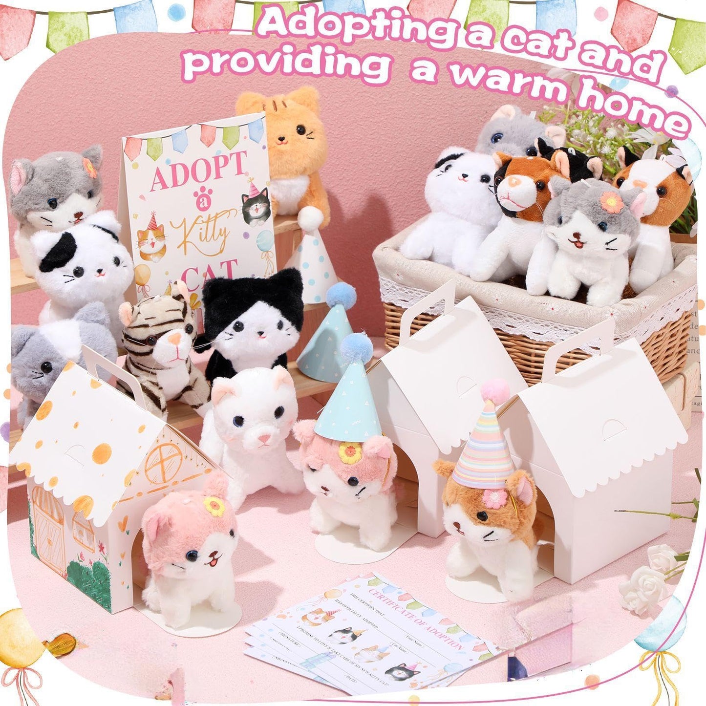 Cinnvoice 65 Pcs Adopt a Cat Party Favors, 16 Stuffed Cat Animals 16 Boxes 16 Cute Birthday Hats 16 Adoption Certificate Card 1 Adoption Sign for Adopt a Pet Party Favor Supplies (House,White)